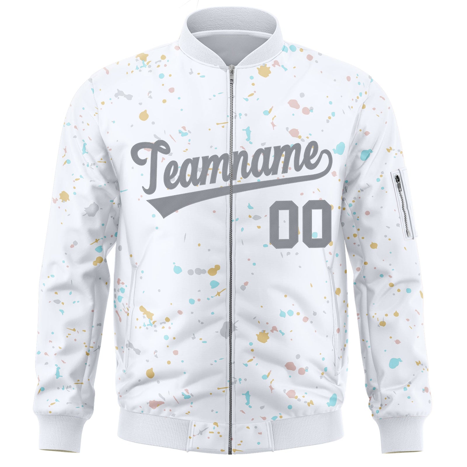 Custom White Gray Varsity Full-Zip Splash Graffiti Pattern Letterman Jacket