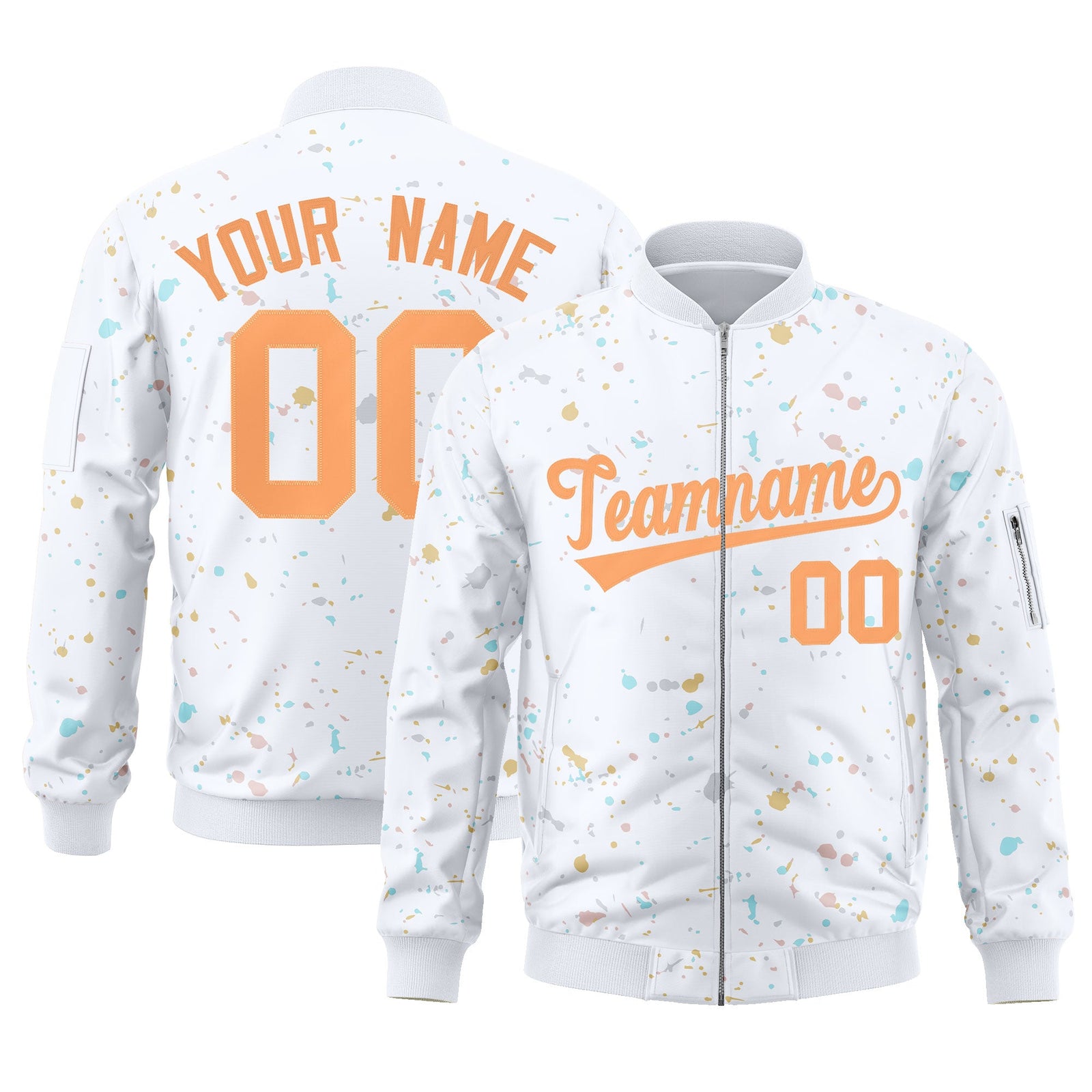 Custom White Orange Varsity Full-Zip Splash Graffiti Pattern Letterman Jacket