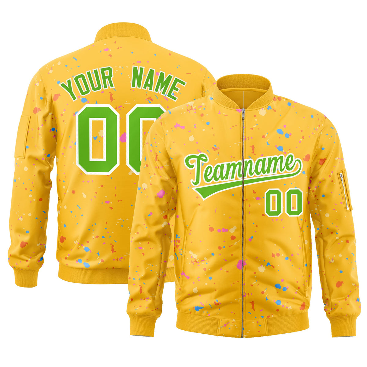Custom Gold Green-White Varsity Full-Zip Splash Graffiti Pattern Letterman Jacket
