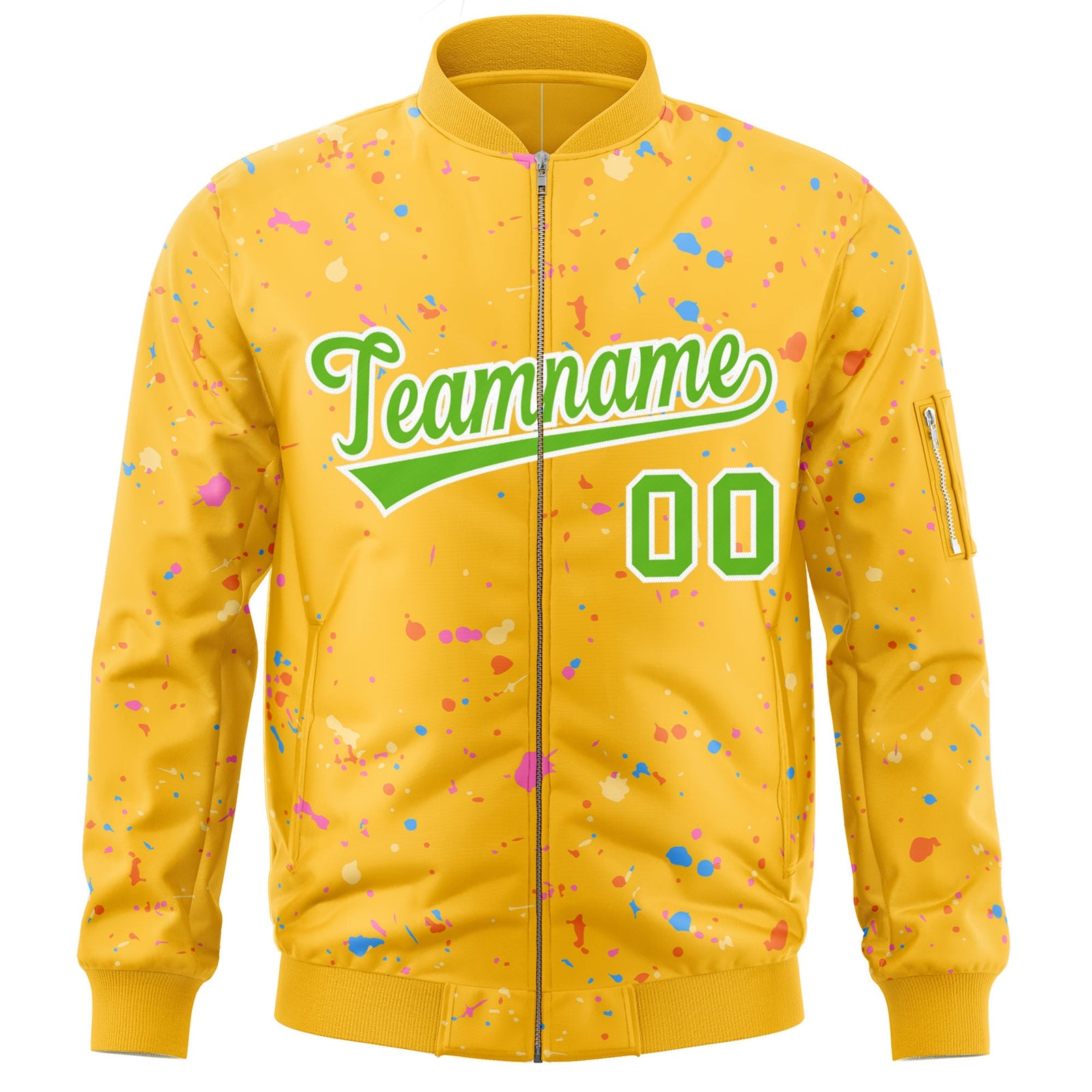 Custom Gold Green-White Varsity Full-Zip Splash Graffiti Pattern Letterman Jacket