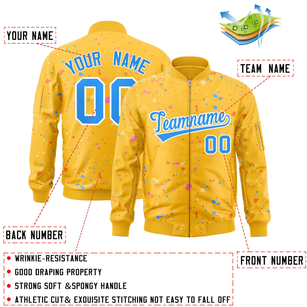 Custom Gold Powder Blue-White Varsity Full-Zip Splash Graffiti Pattern Letterman Jacket