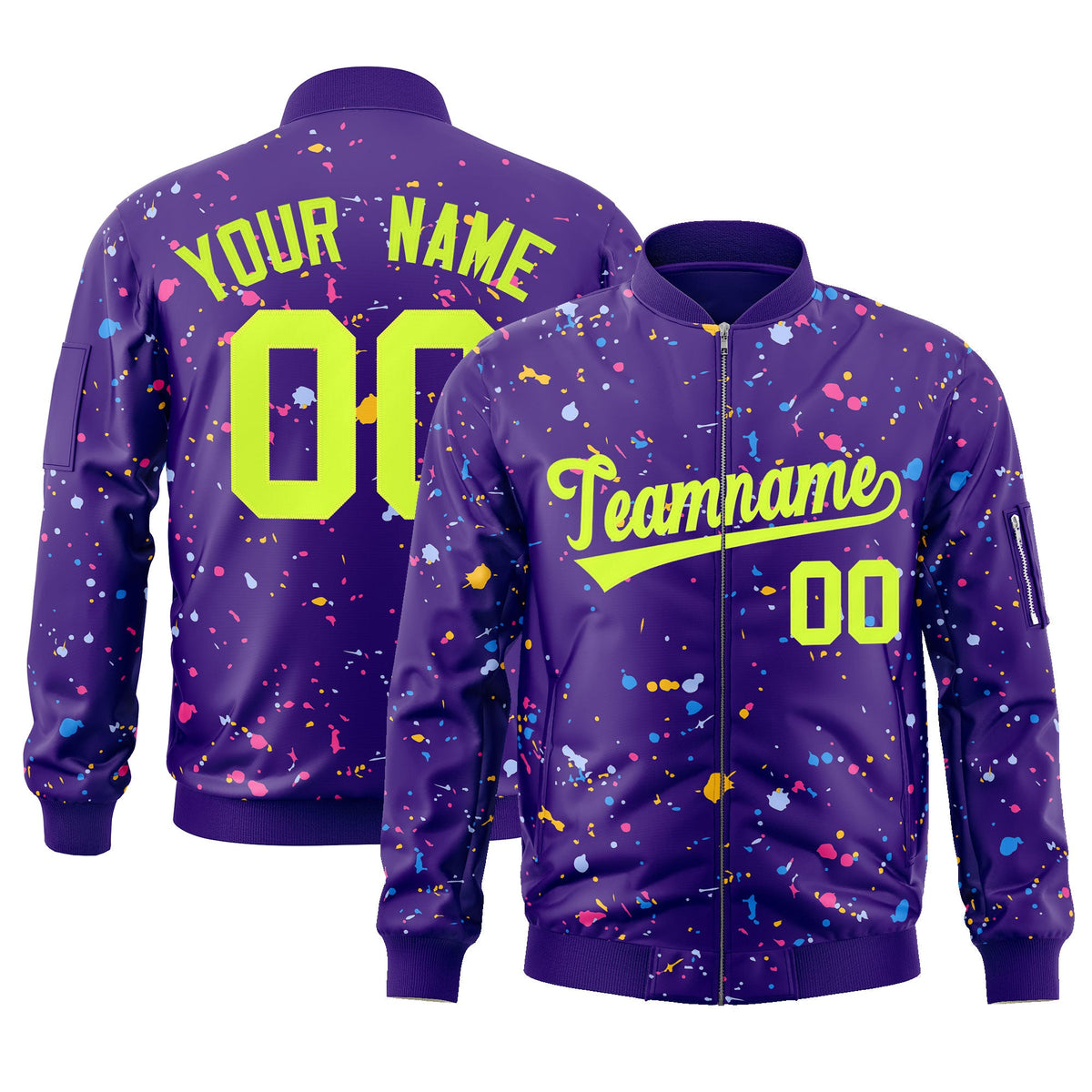Custom Purple Neon Green Varsity Full-Zip Splash Graffiti Pattern Letterman Jacket