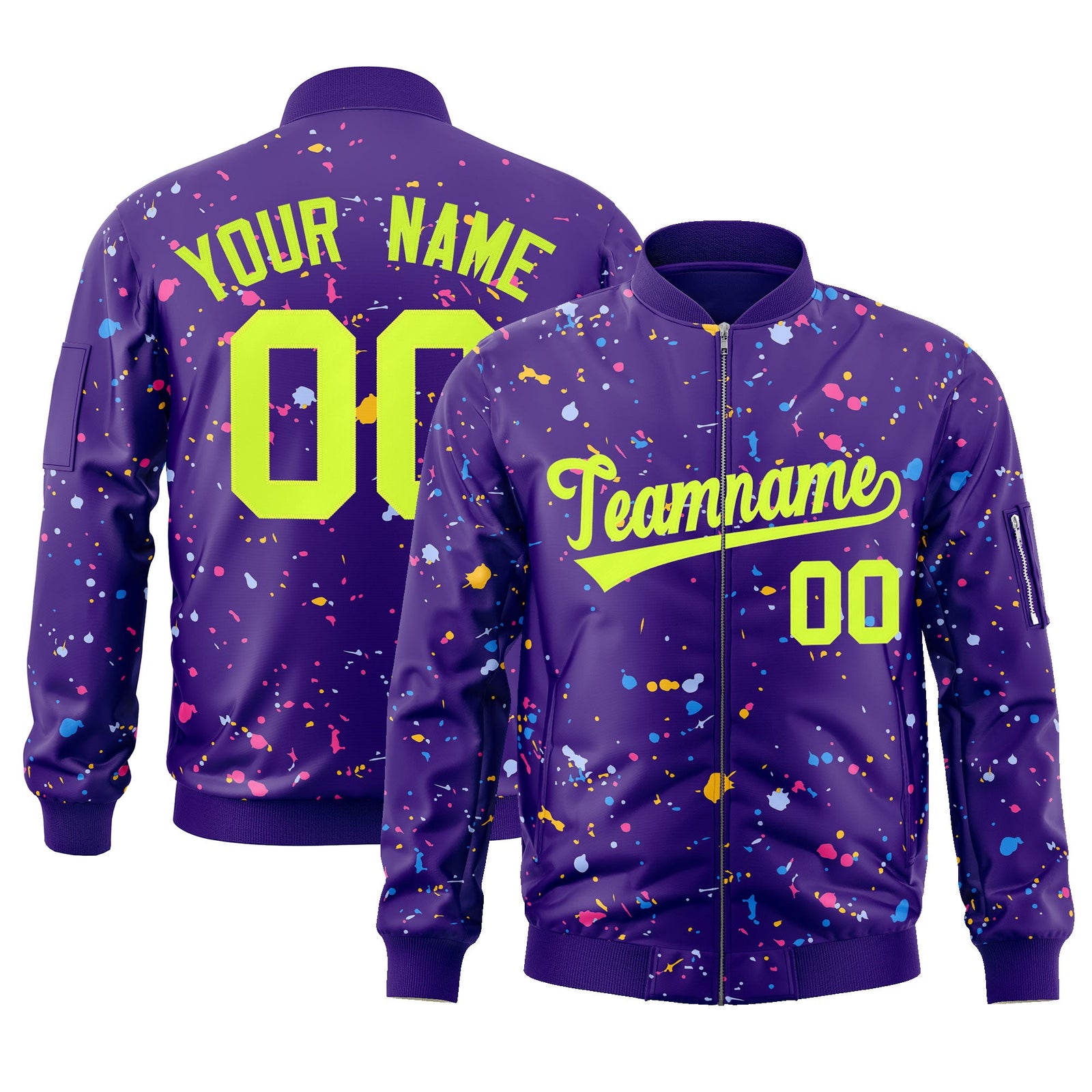 Custom Purple Neon Green Varsity Full-Zip Splash Graffiti Pattern Letterman Jacket