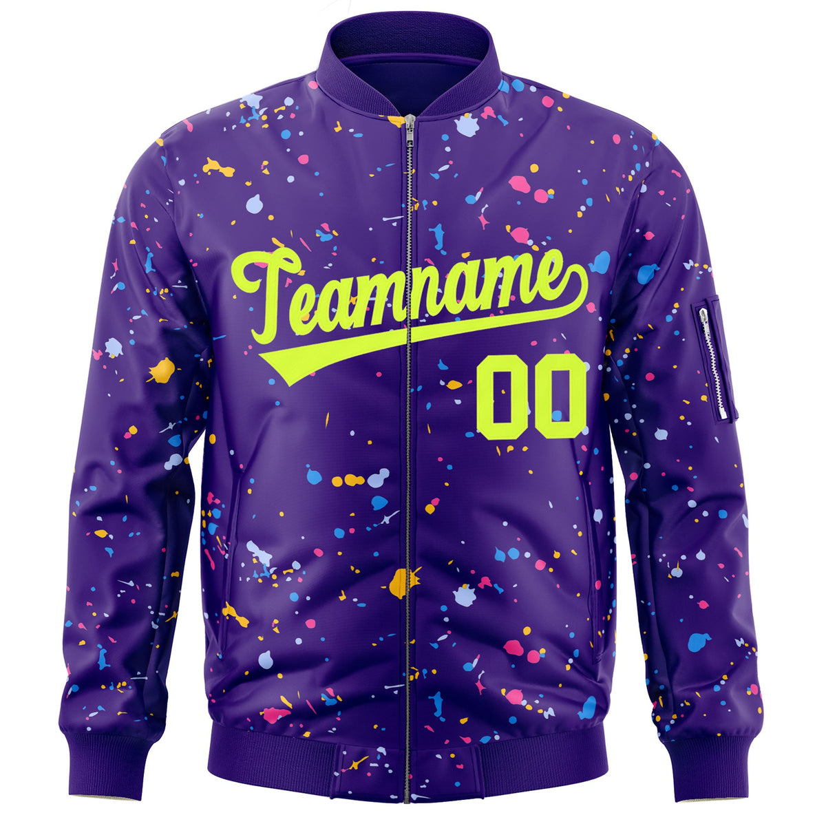 Custom Purple Neon Green Varsity Full-Zip Splash Graffiti Pattern Letterman Jacket