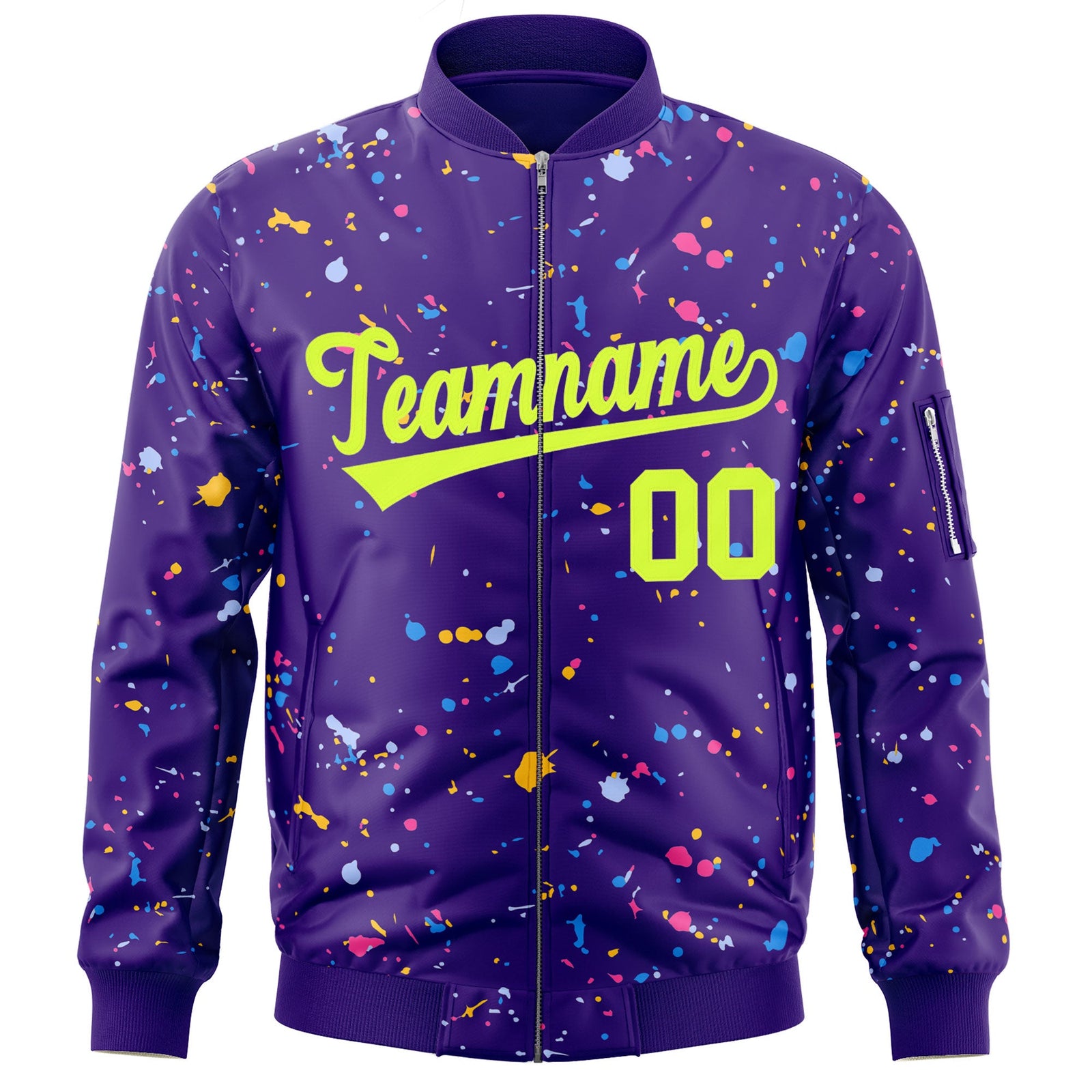 Custom Purple Neon Green Varsity Full-Zip Splash Graffiti Pattern Letterman Jacket