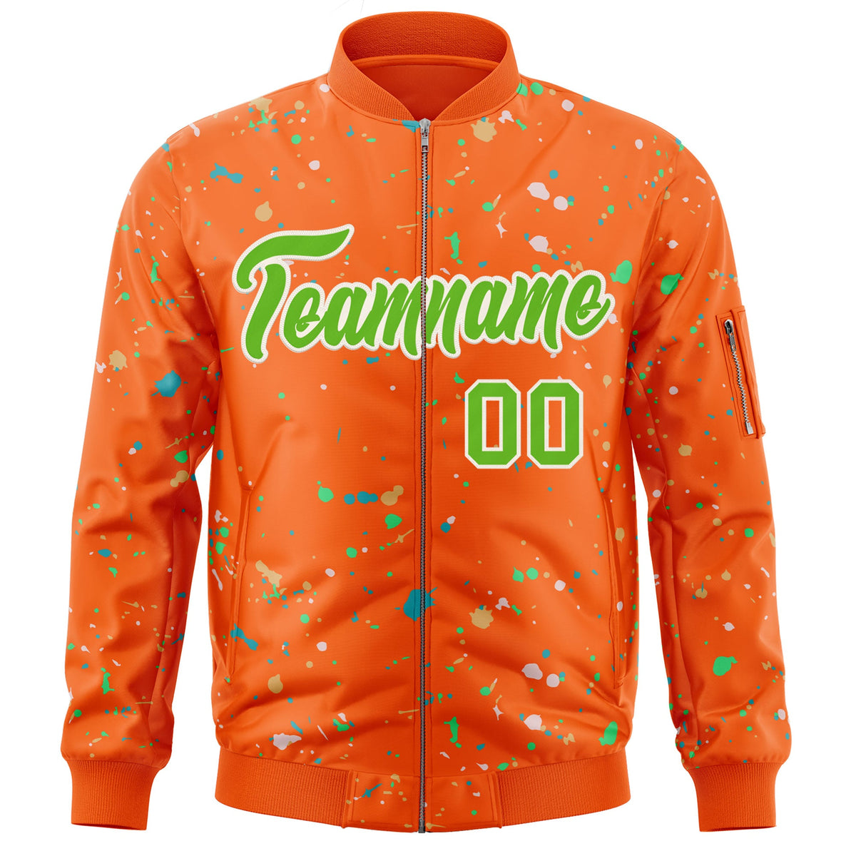 Custom Orange Neon Green-White Varsity Full-Zip Splash Graffiti Pattern Letterman Jacket