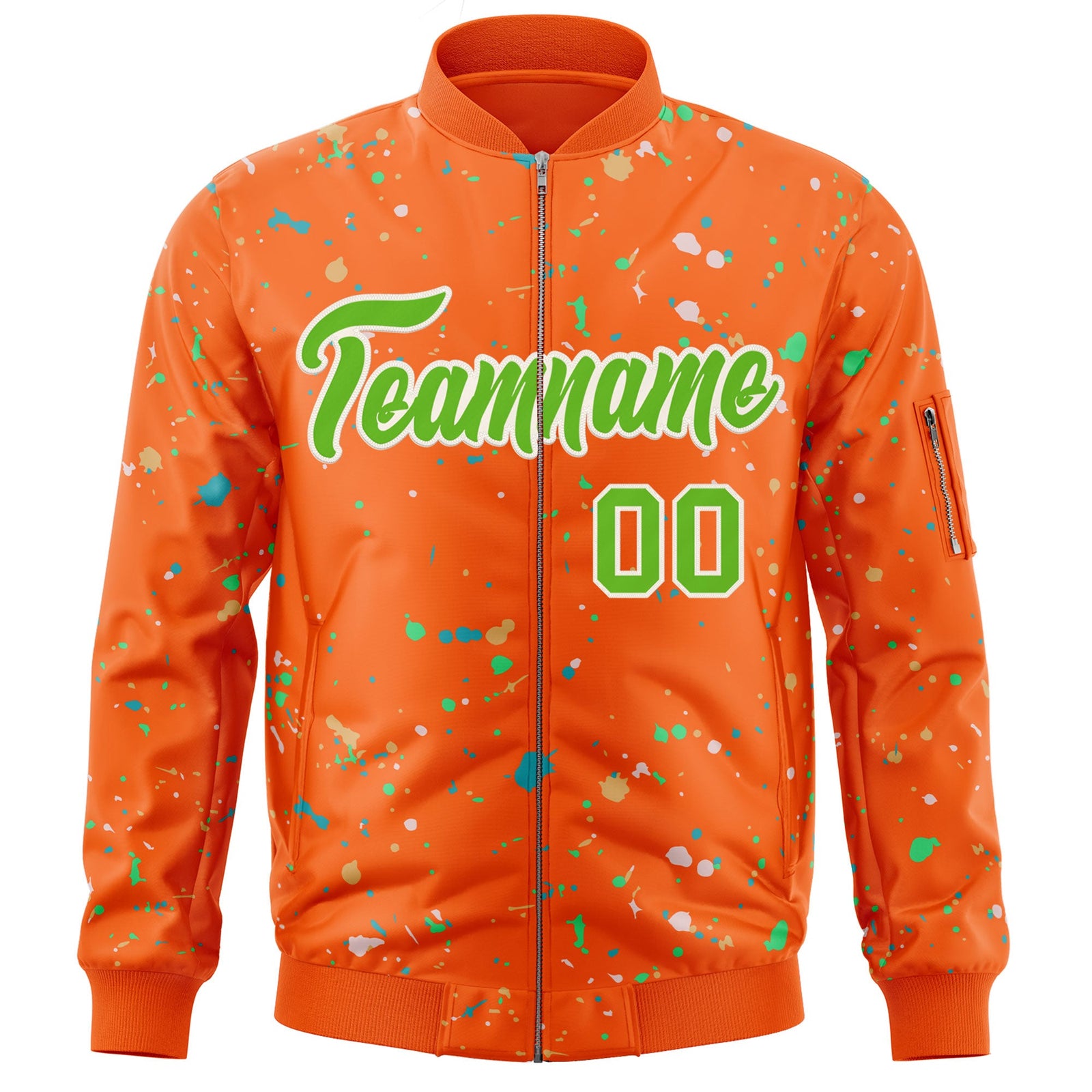 Custom Orange Neon Green-White Varsity Full-Zip Splash Graffiti Pattern Letterman Jacket