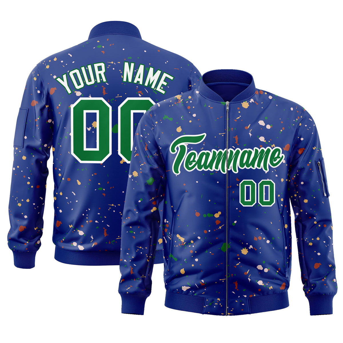 Custom Royal Kelly Green-White Varsity Full-Zip Splash Graffiti Pattern Letterman Jacket