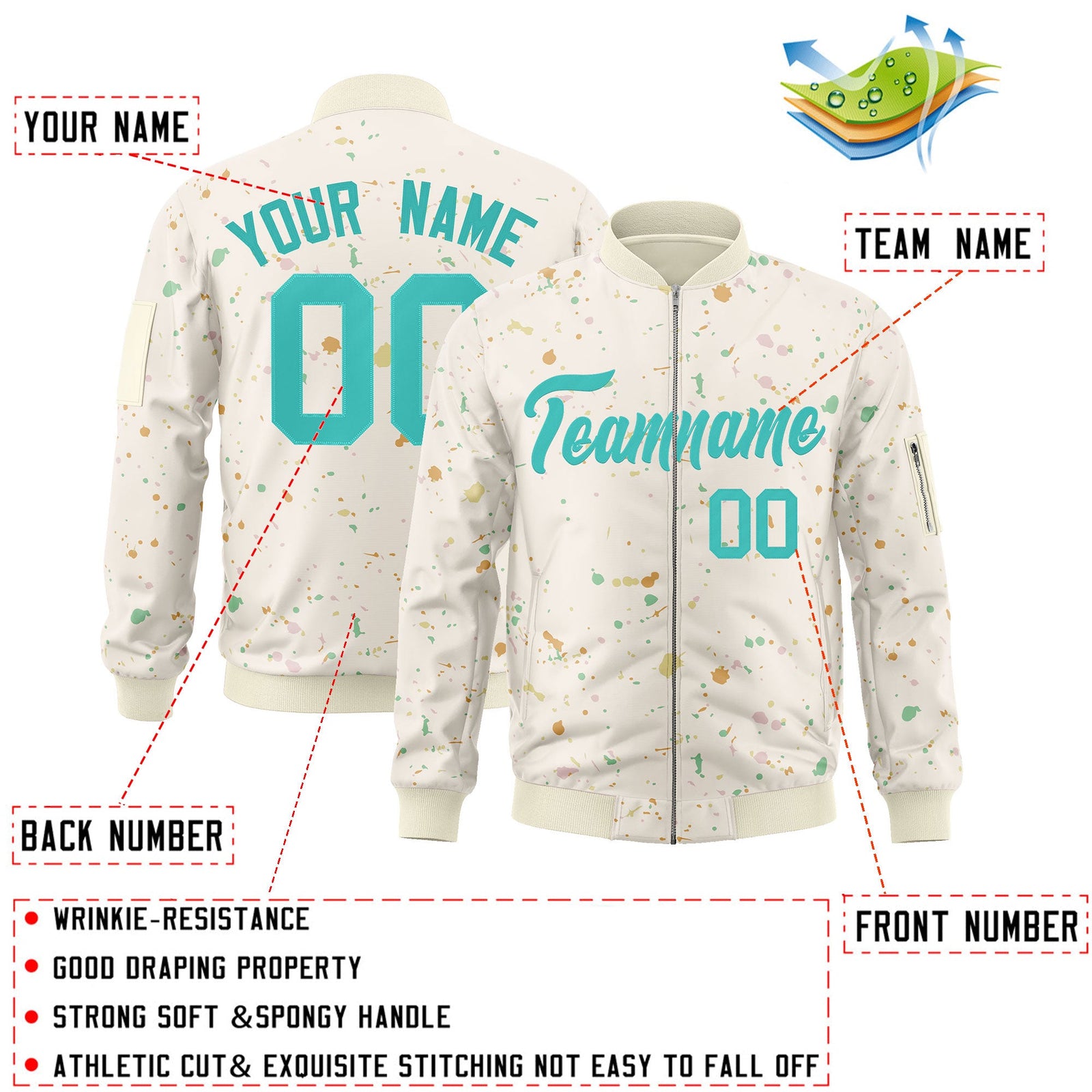 Custom Cream Aqua Varsity Full-Zip Splash Graffiti Pattern Letterman Jacket