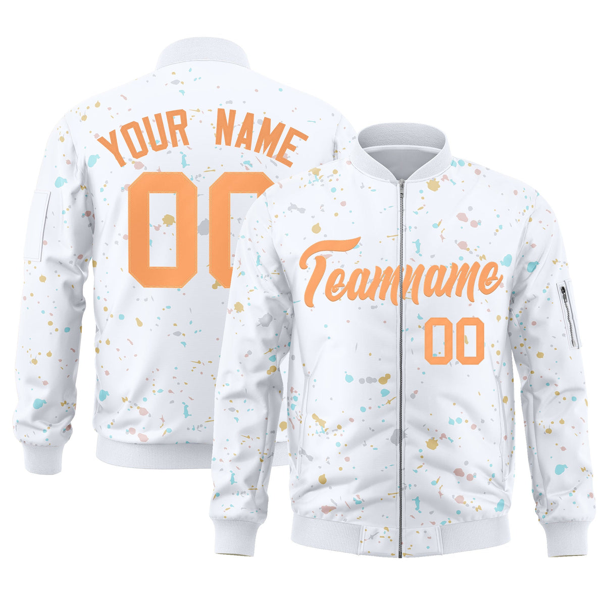 Custom White Orange Varsity Full-Zip Splash Graffiti Pattern Letterman Jacket