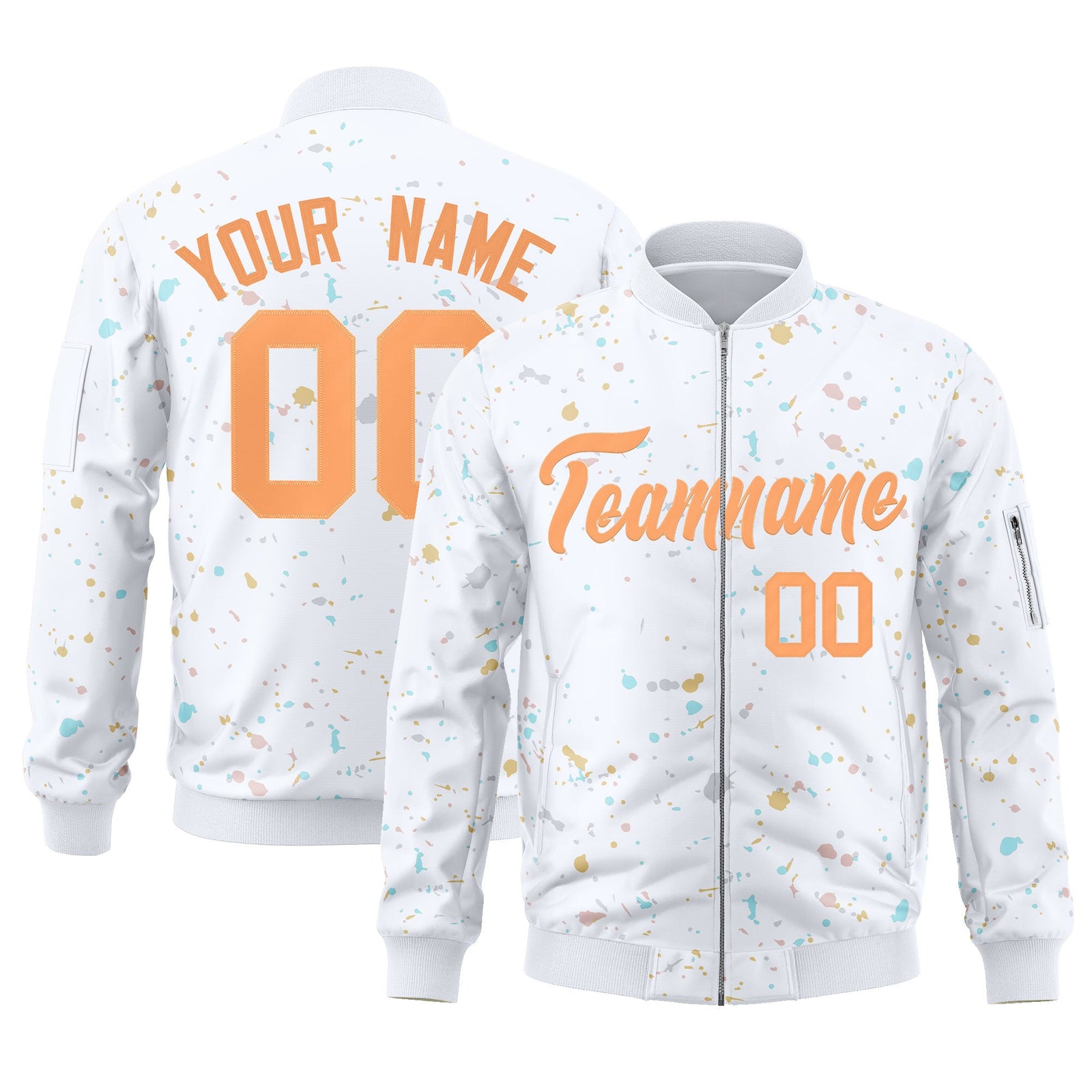 Custom White Orange Varsity Full-Zip Splash Graffiti Pattern Letterman Jacket
