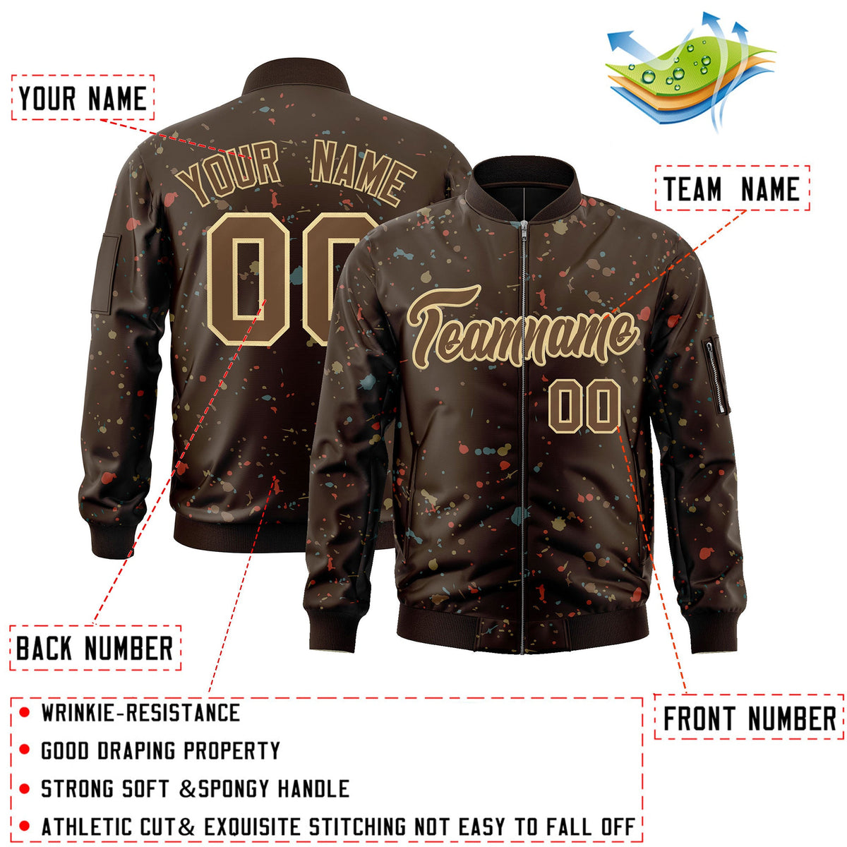 Custom Brown Khaki Varsity Full-Zip Splash Graffiti Pattern Letterman Jacket