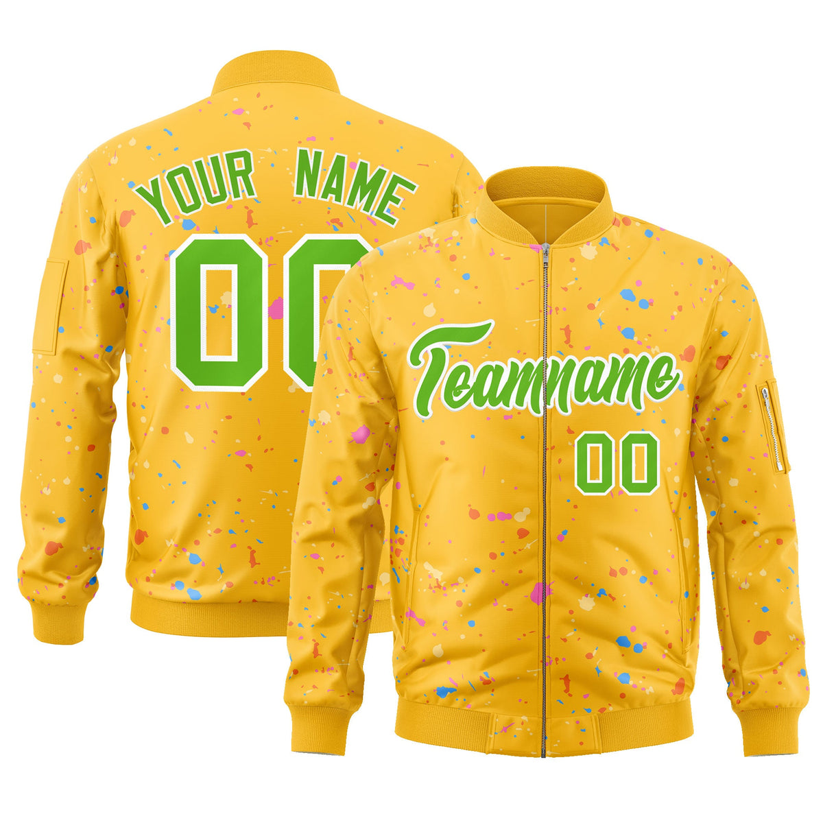 Custom Gold Green-White Varsity Full-Zip Splash Graffiti Pattern Letterman Jacket