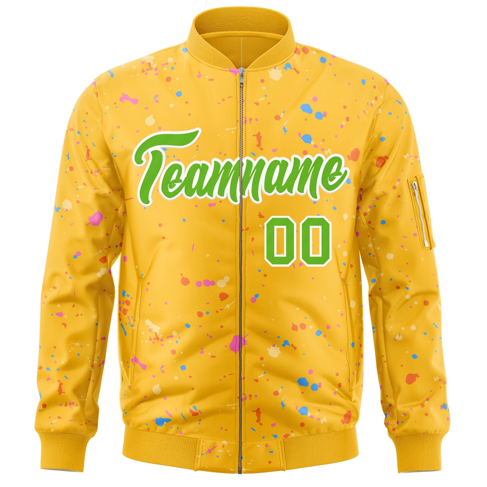 Custom Gold Green-White Varsity Full-Zip Splash Graffiti Pattern Letterman Jacket
