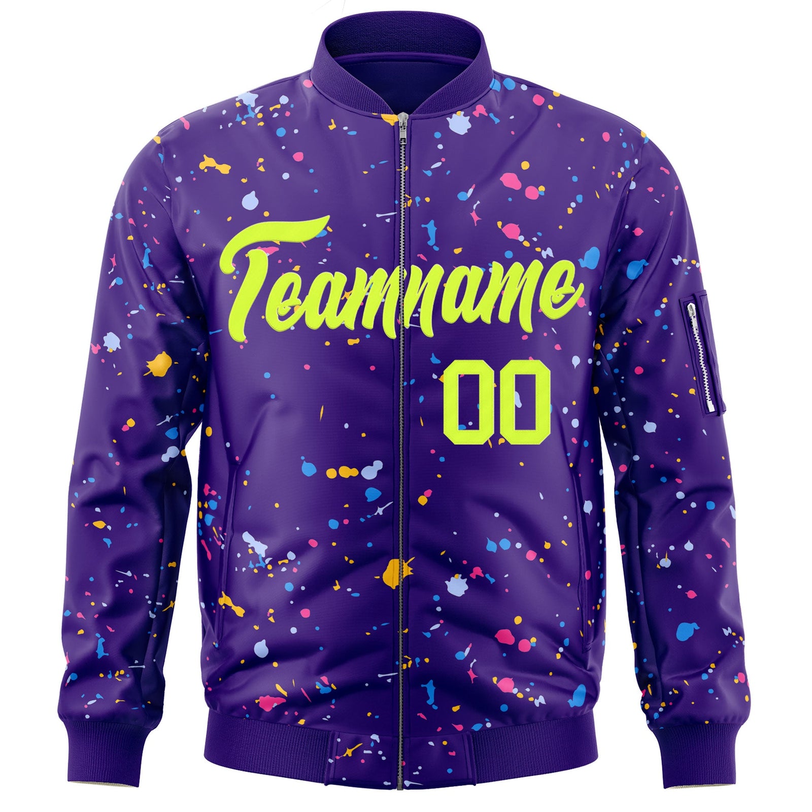 Custom Purple Neon Green Varsity Full-Zip Splash Graffiti Pattern Letterman Jacket