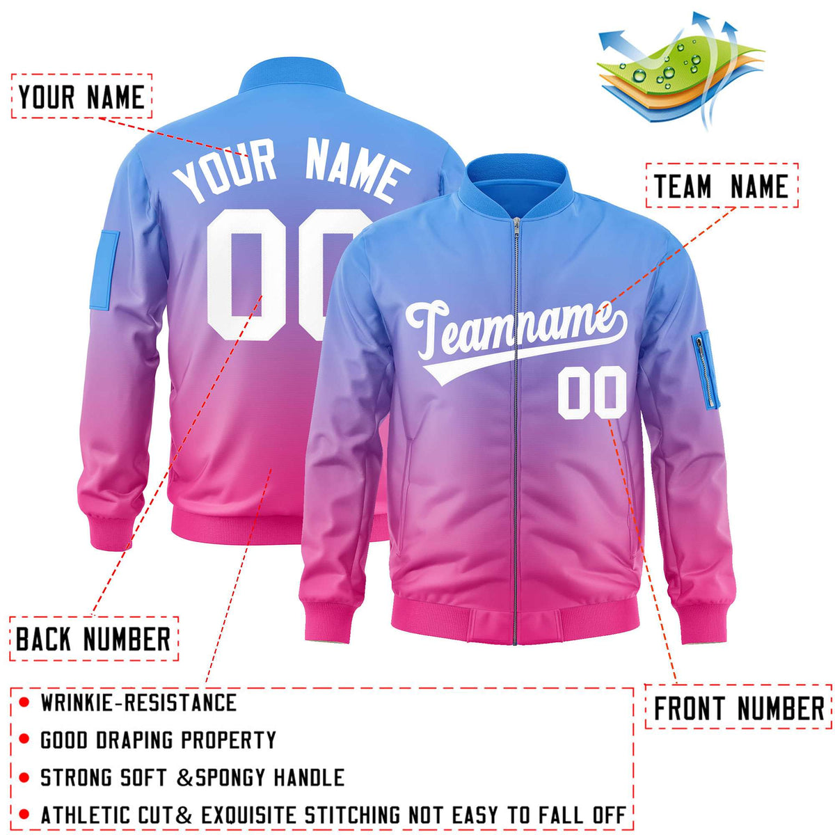 Custom Powder Blue Pink-White Varsity Full-Zip Gradient Fashion Letterman Bomber Jacket