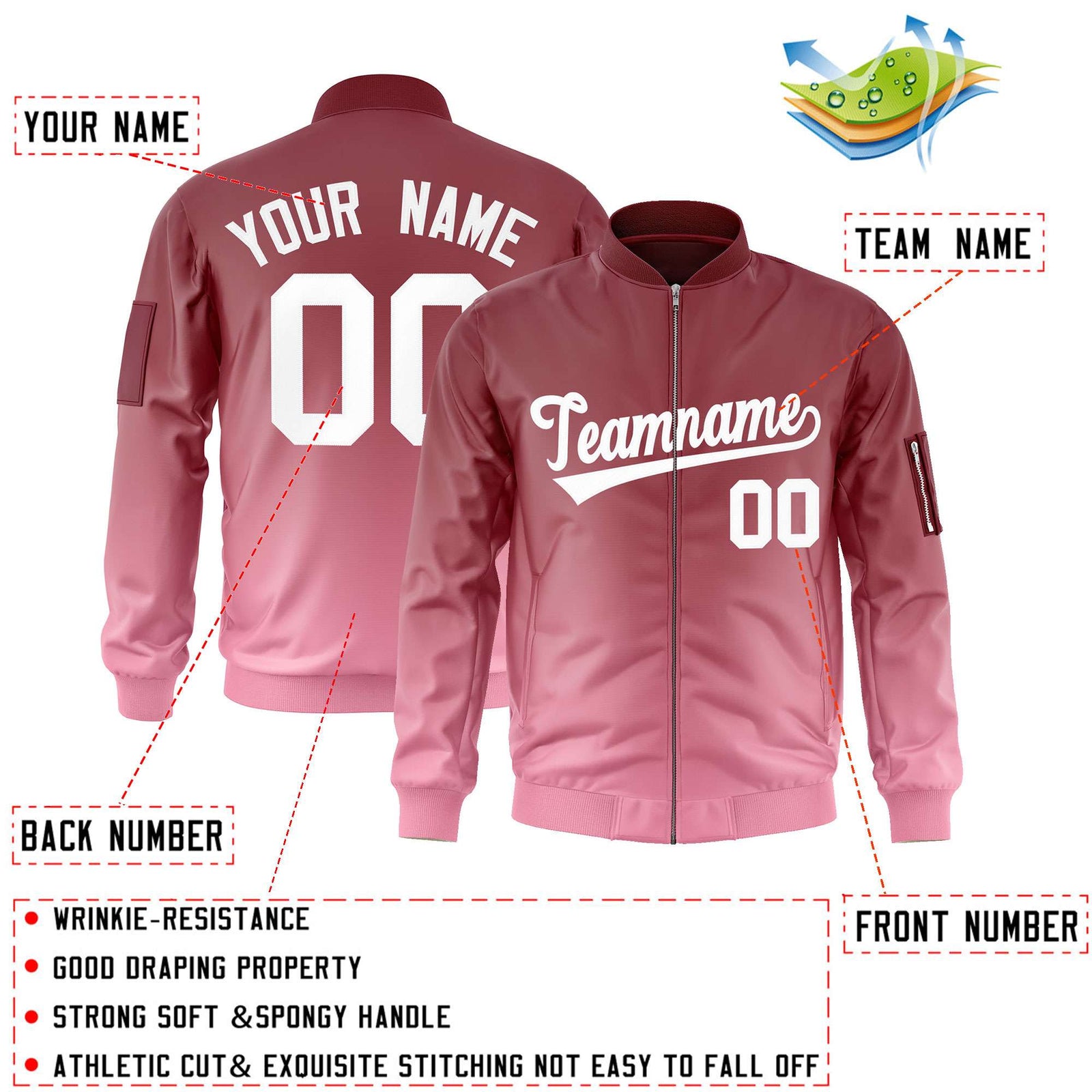 Custom Crimson Pink-White Varsity Full-Zip Gradient Fashion Letterman Bomber Jacket