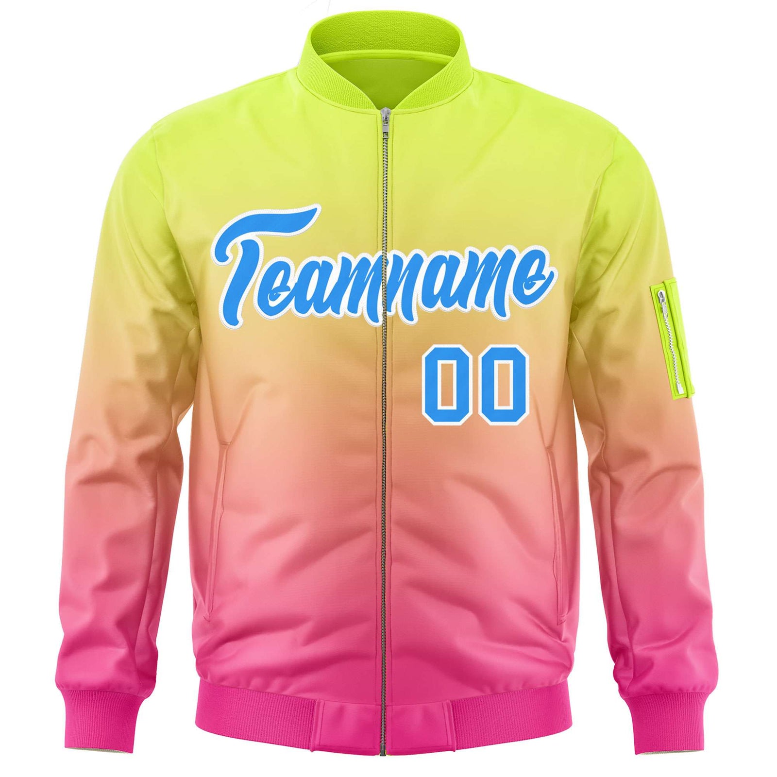 Custom Neon Green Pink-Powder Blue Varsity Full-Zip Gradient Fashion Letterman Bomber Jacket