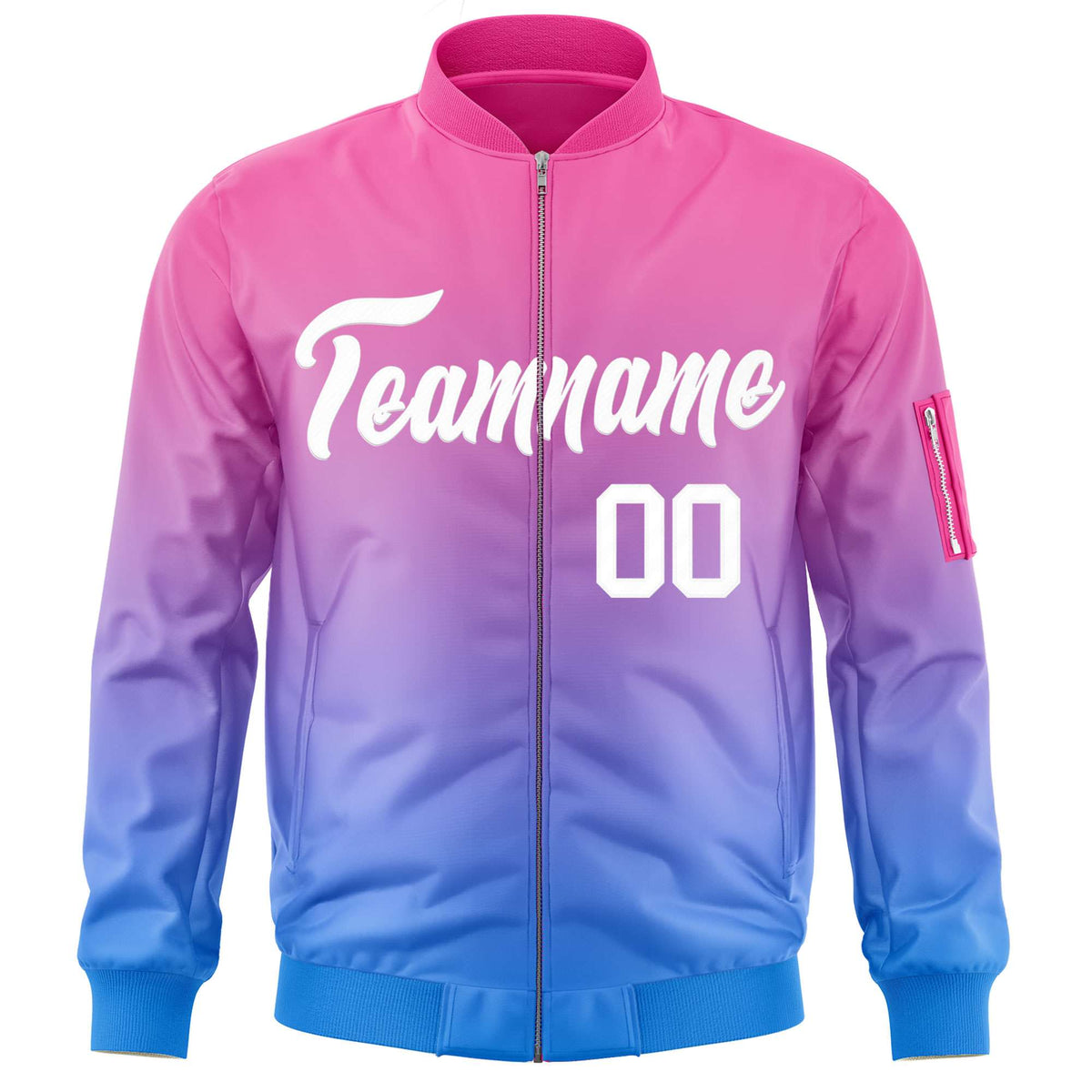 Custom Pink Powder Blue-White Varsity Full-Zip Gradient Fashion Letterman Bomber Jacket