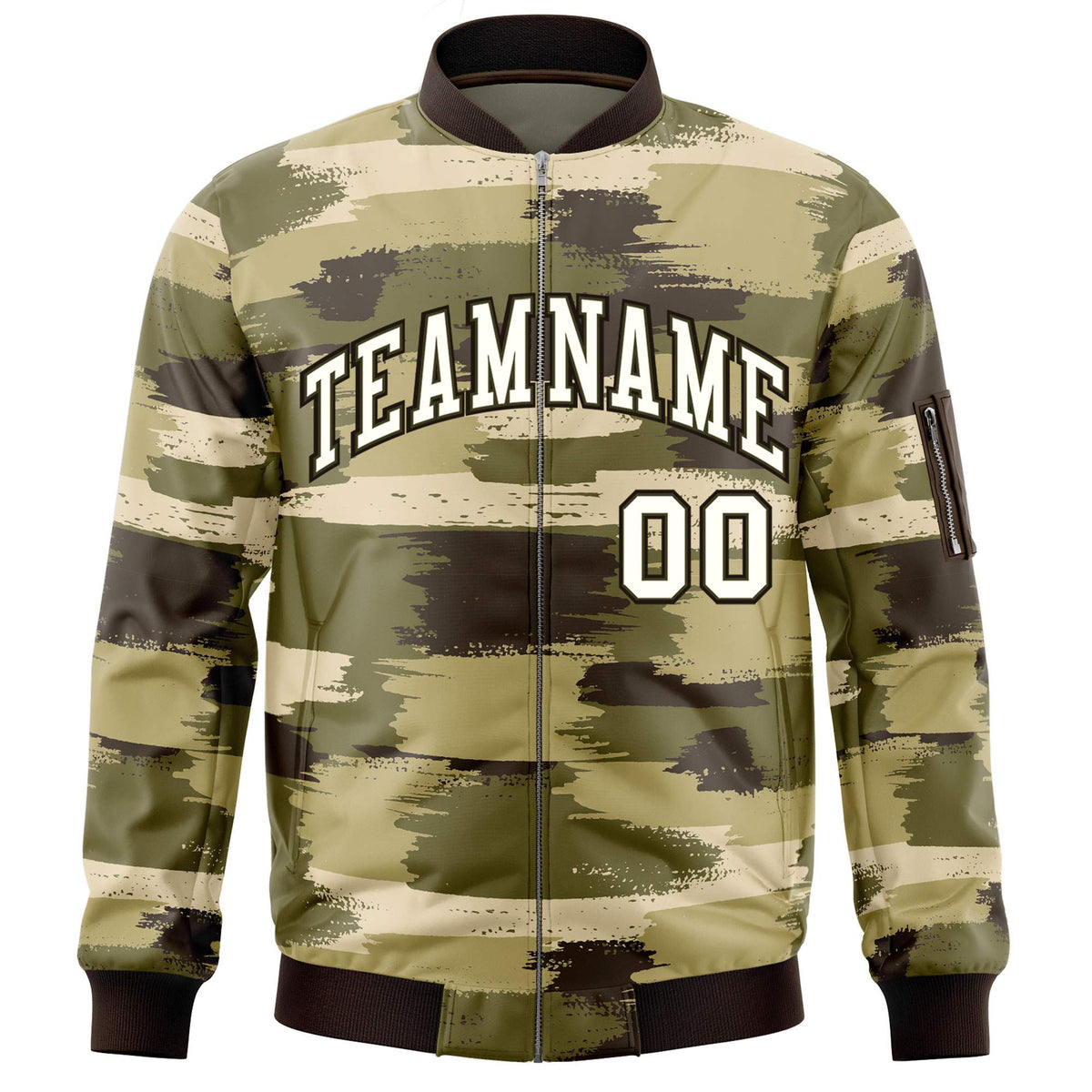 Custom Cream Black Varsity Full-Zip Camo Letterman Bomber Jacket