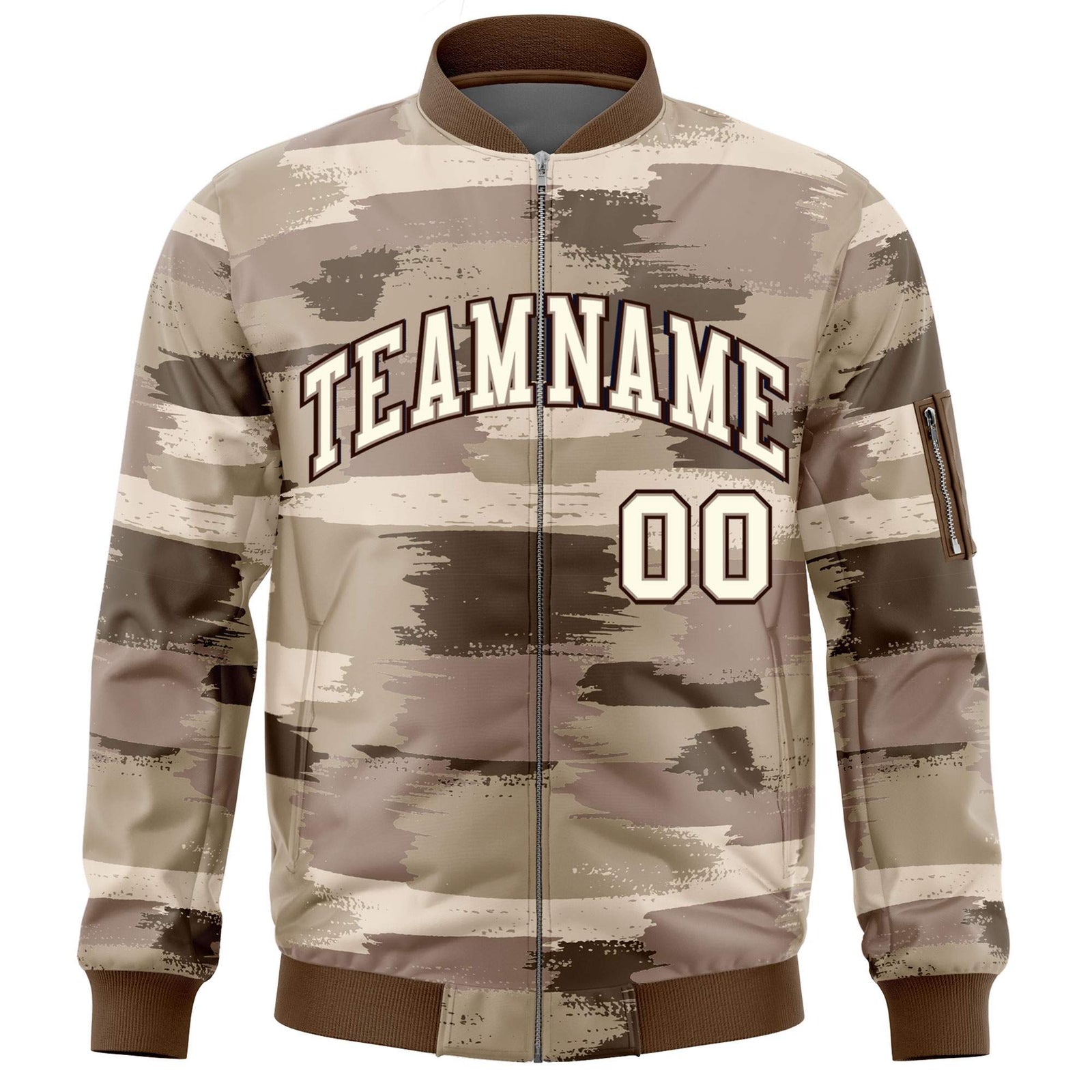 Custom Khaki Black Varsity Full-Zip Camo Letterman Bomber Jacket