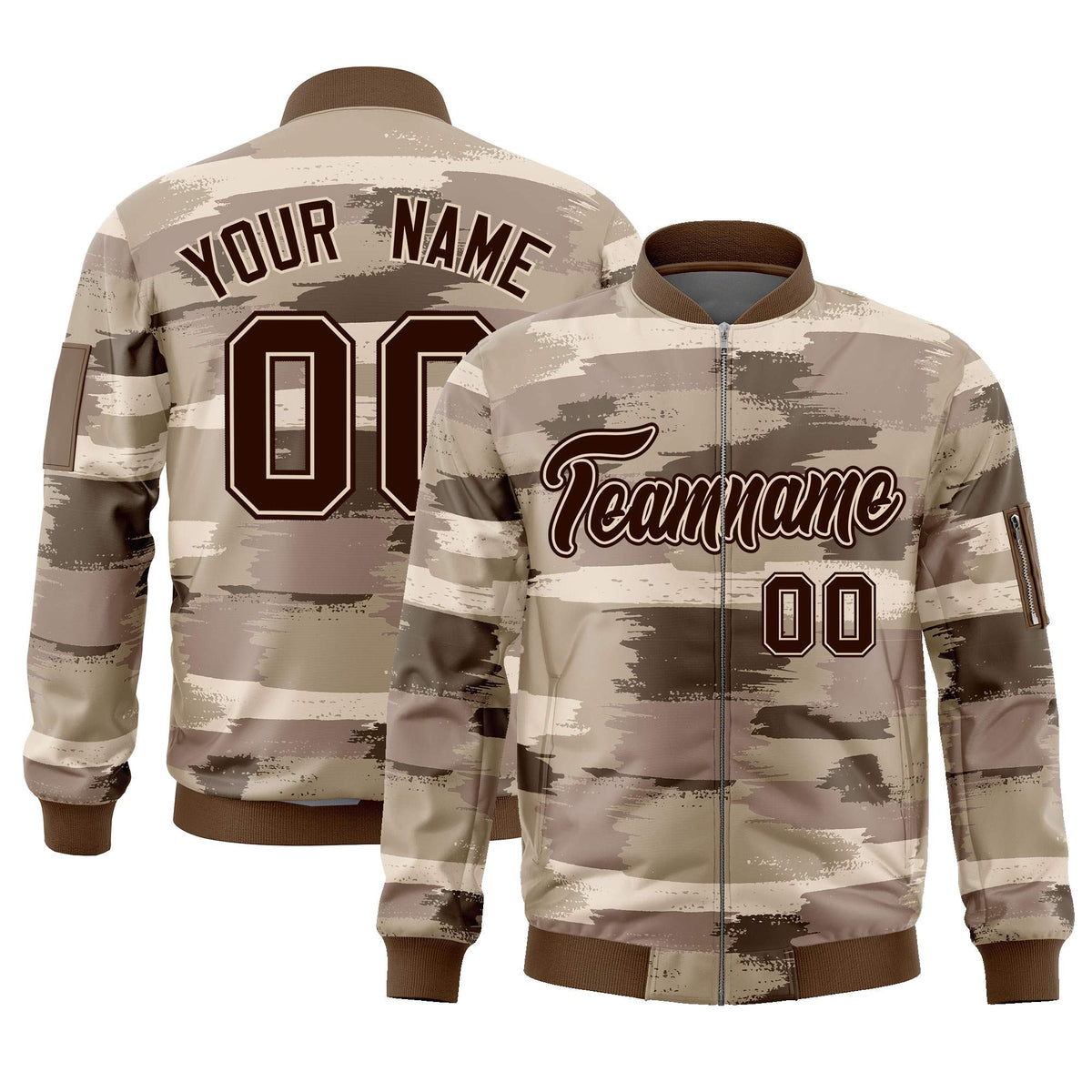 Custom Brown Black Varsity Full-Zip Camo Letterman Bomber Jacket