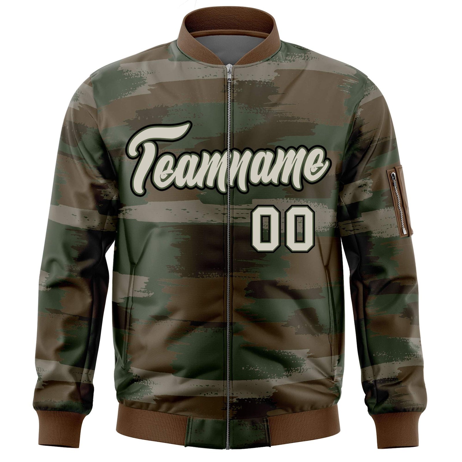 Custom Khaki Black Varsity Full-Zip Camo Letterman Bomber Jacket