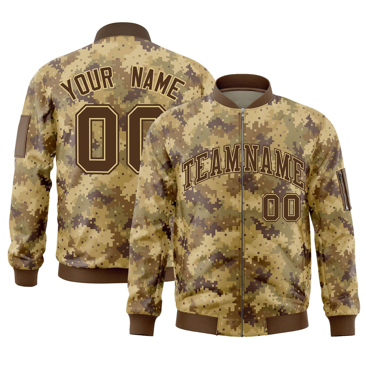 Custom Brown Varsity Full-Zip Camo Letterman Bomber Jacket