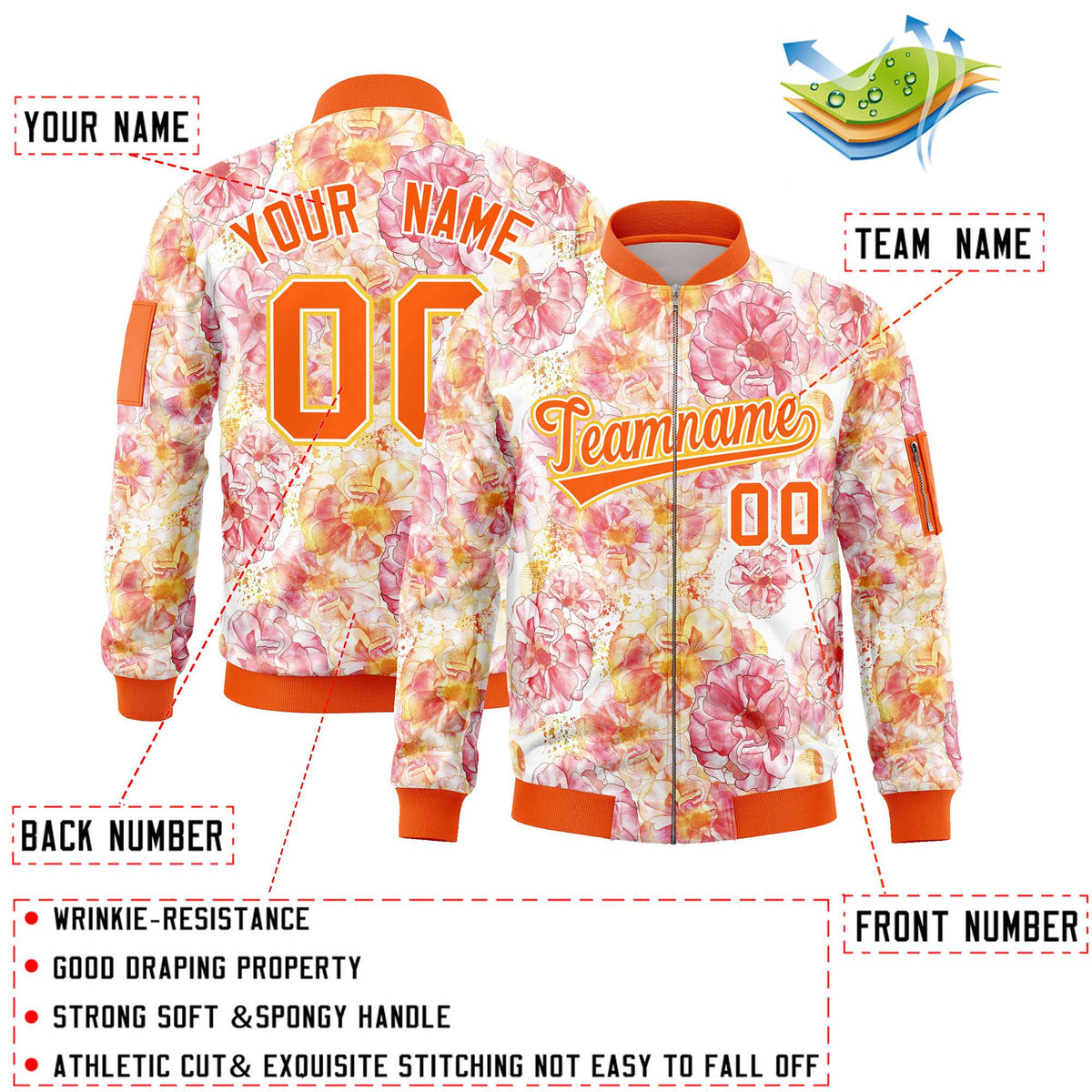 Custom Orange Varsity Full-Zip Hawaii Letterman Bomber Jacket