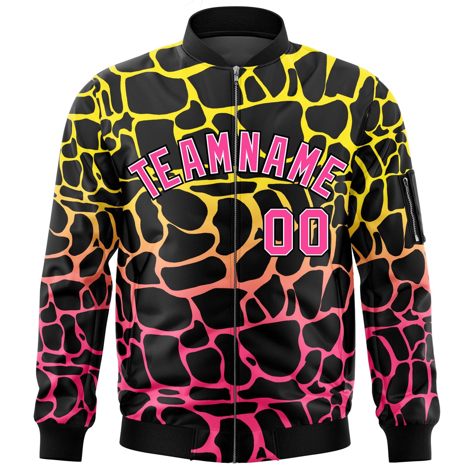 Custom Black Gold-Pink Varsity Full-Zip Spotted Letterman Bomber Jacket