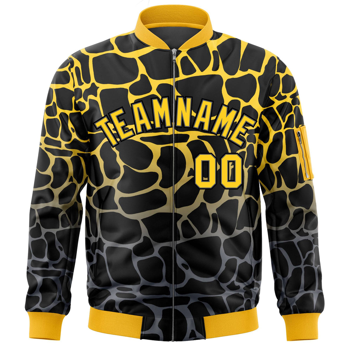 Custom Black Gold-Gray Varsity Full-Zip Spotted Letterman Bomber Jacket