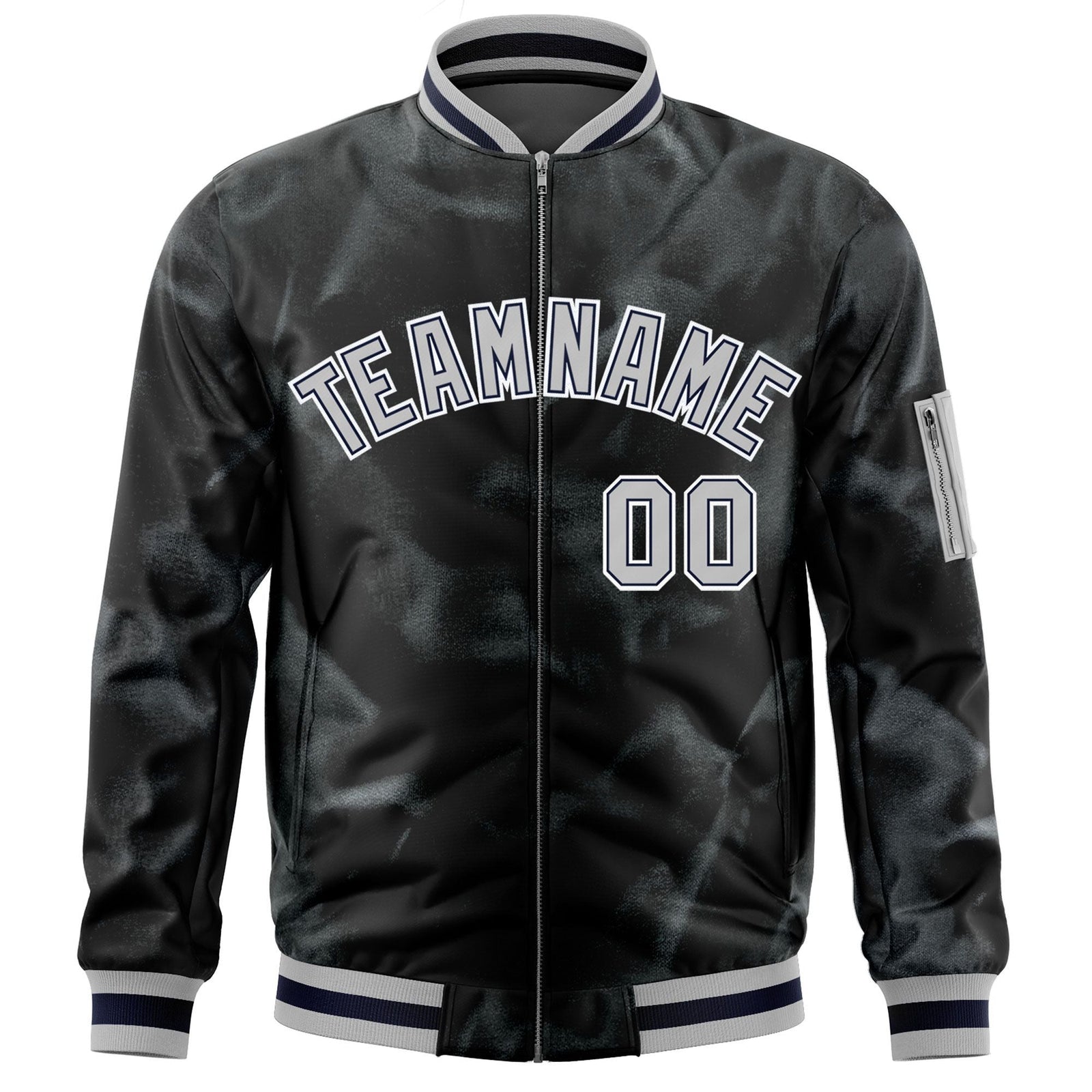 Custom Black Gray-White Varsity Full-Zip Blur Spray Letterman Bomber Jacket