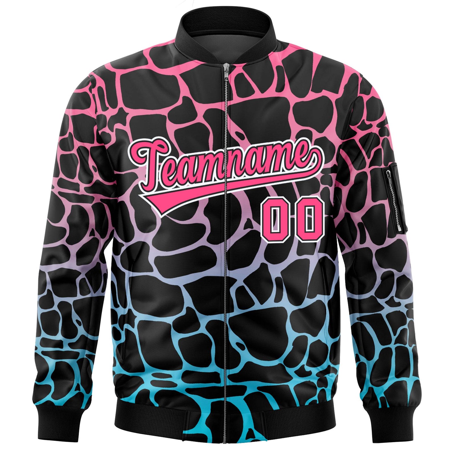 Custom Black Pink-Lt Blue Varsity Full-Zip Spotted Letterman Bomber Jacket