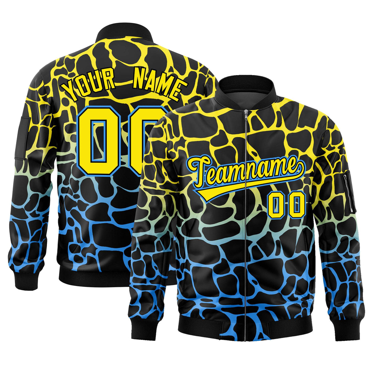 Custom Black Gold-Light Blue Varsity Full-Zip Spotted Letterman Bomber Jacket