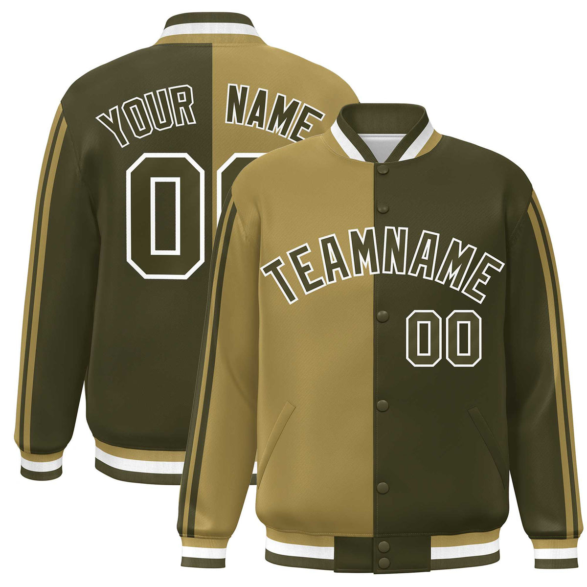 Custom Olive Desert Yellow-White Two Tone Color Block Bomber Varsity Baseball Jacket