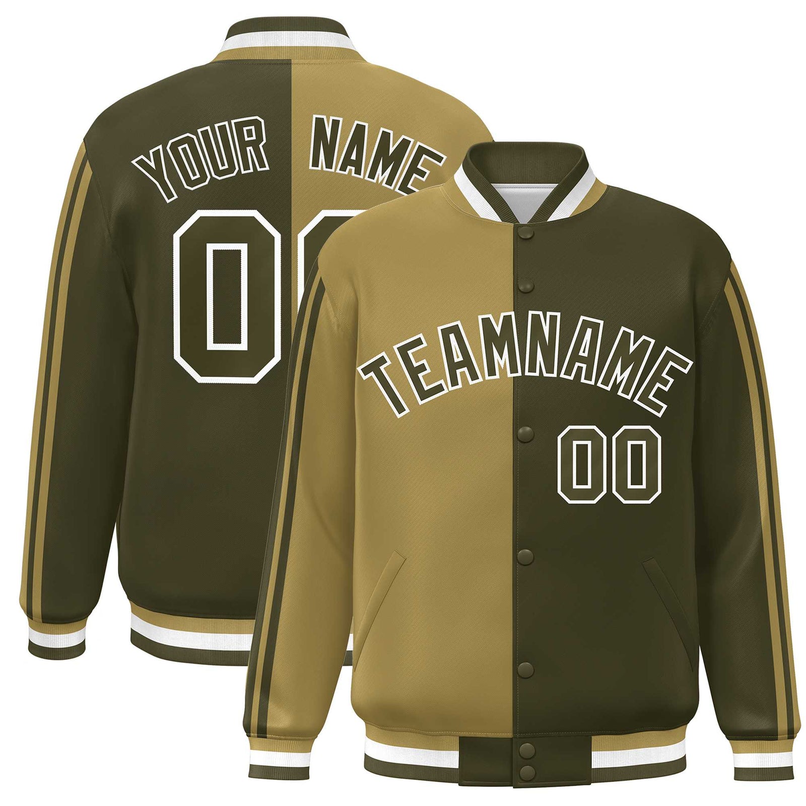 Custom Olive Desert Yellow-White Two Tone Color Block Bomber Varsity Baseball Jacket