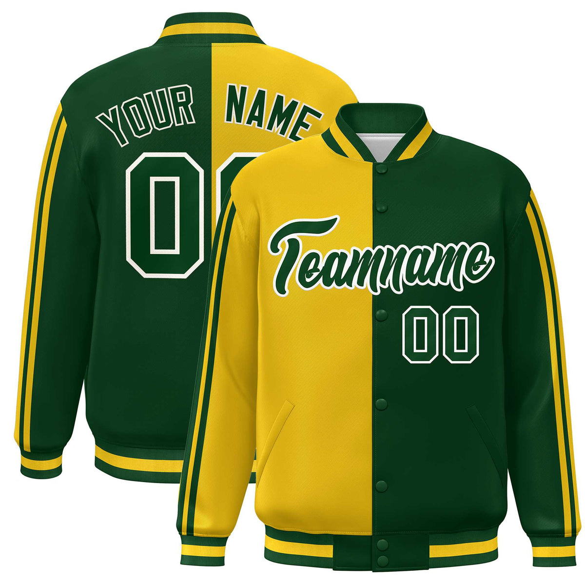 Custom Kelly Green Gold-White Two Tone Color Block Bomber Varsity Baseball Jacket
