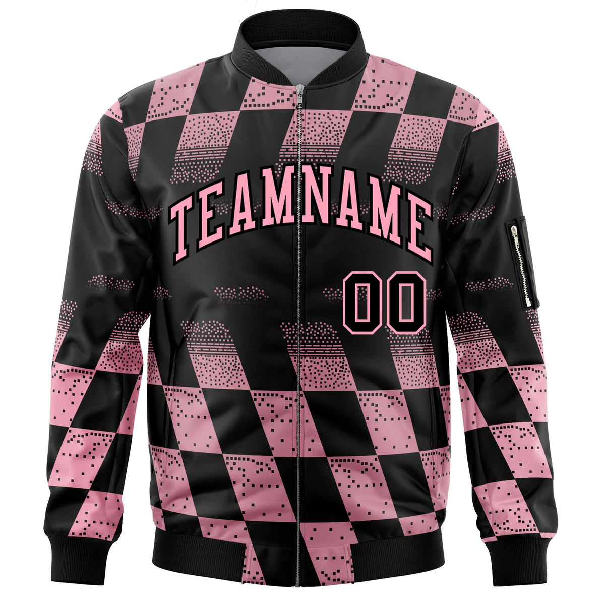 Custom Black Pink Grid Varsity Full-Zip Color Block Letterman Bomber Jacket