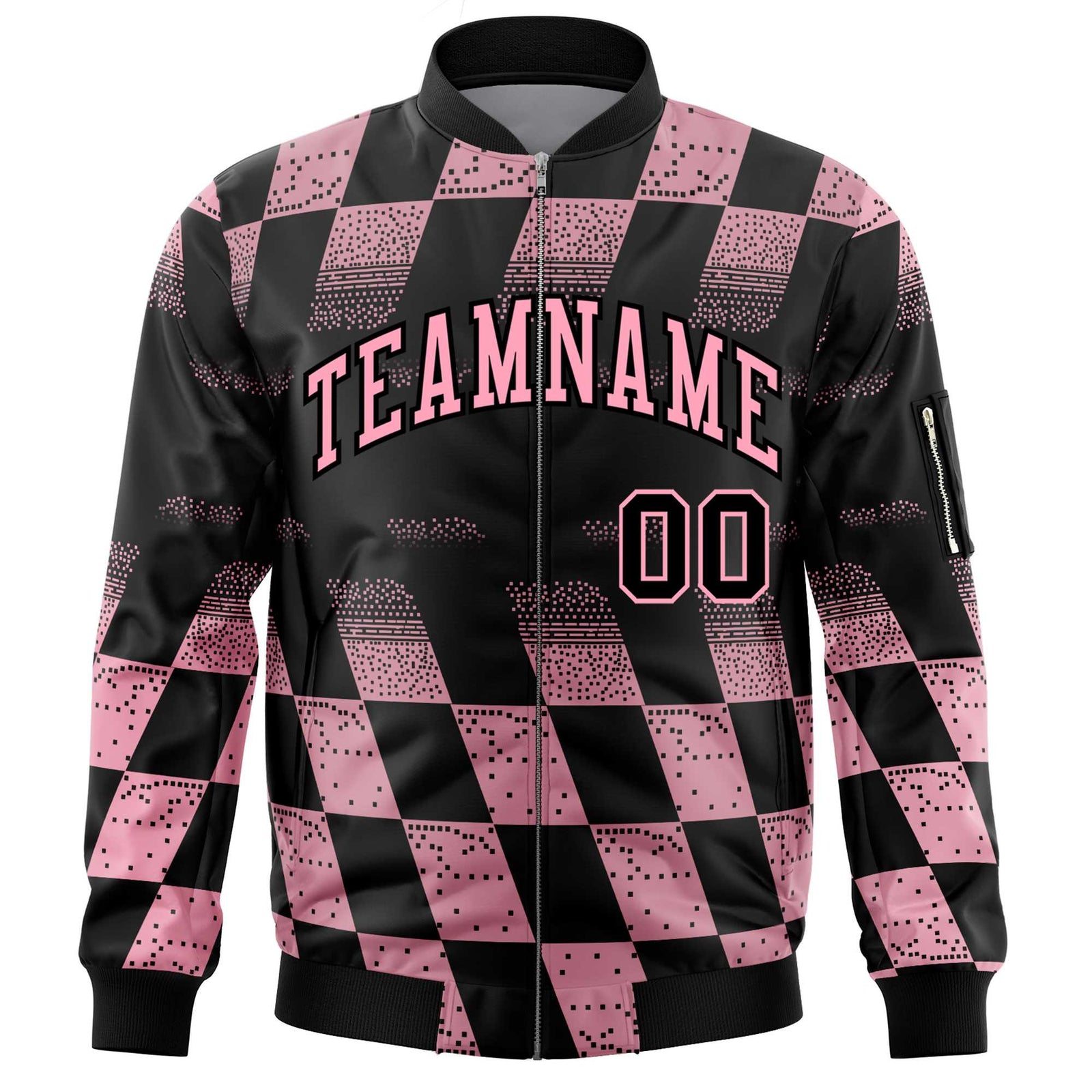 Custom Black Pink Grid Varsity Full-Zip Color Block Letterman Bomber Jacket