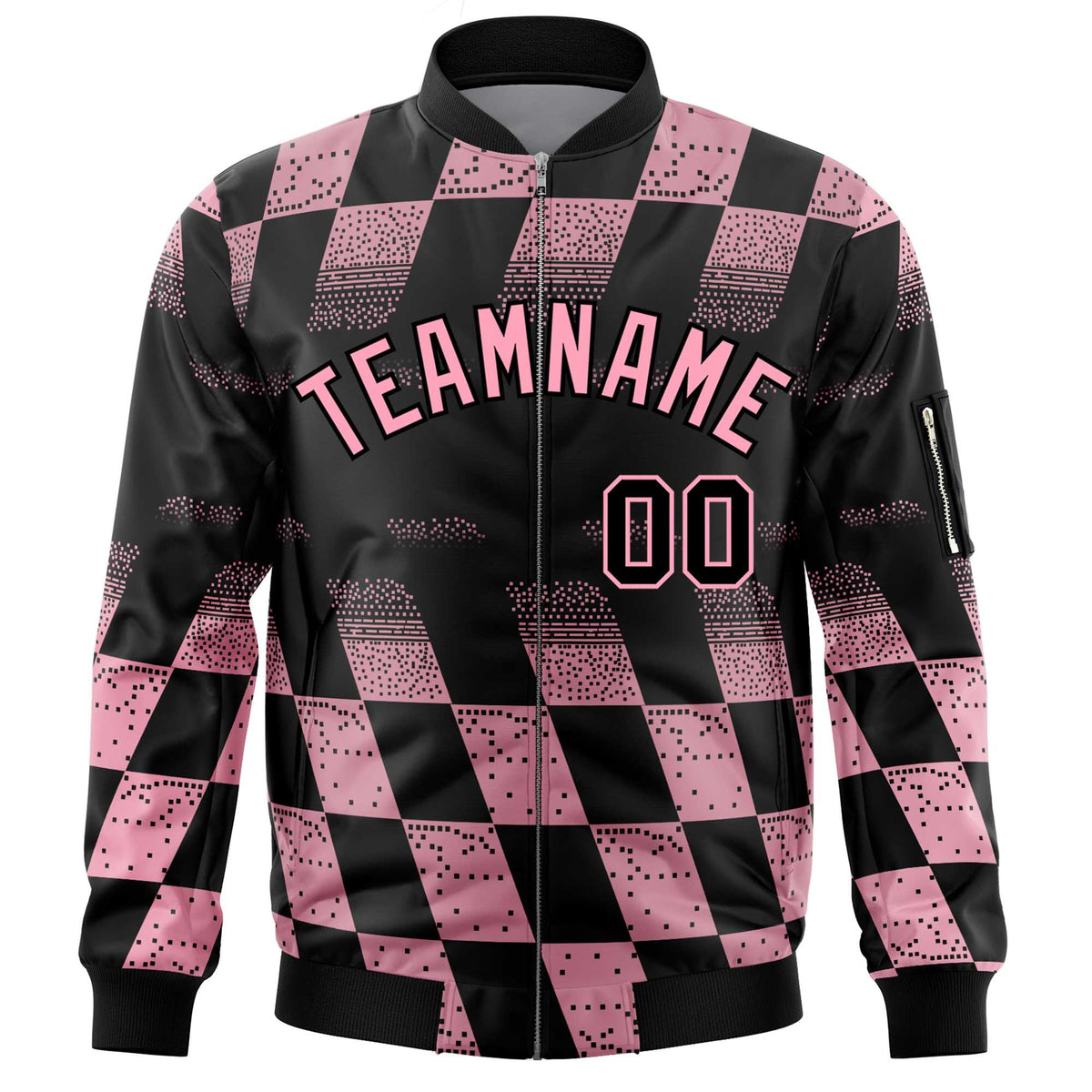 Custom Black Pink Grid Varsity Full-Zip Color Block Letterman Bomber Jacket
