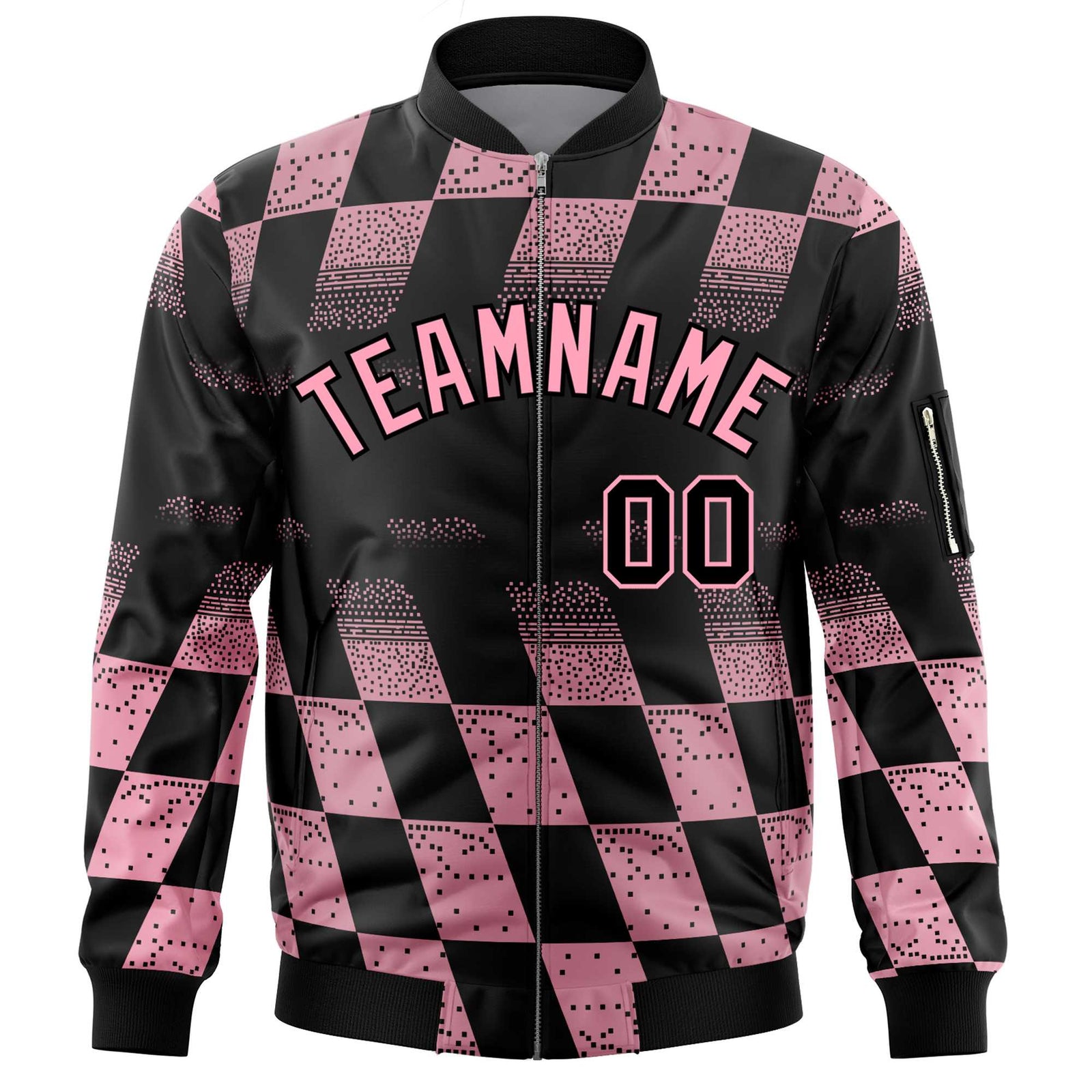 Custom Black Pink Grid Varsity Full-Zip Color Block Letterman Bomber Jacket
