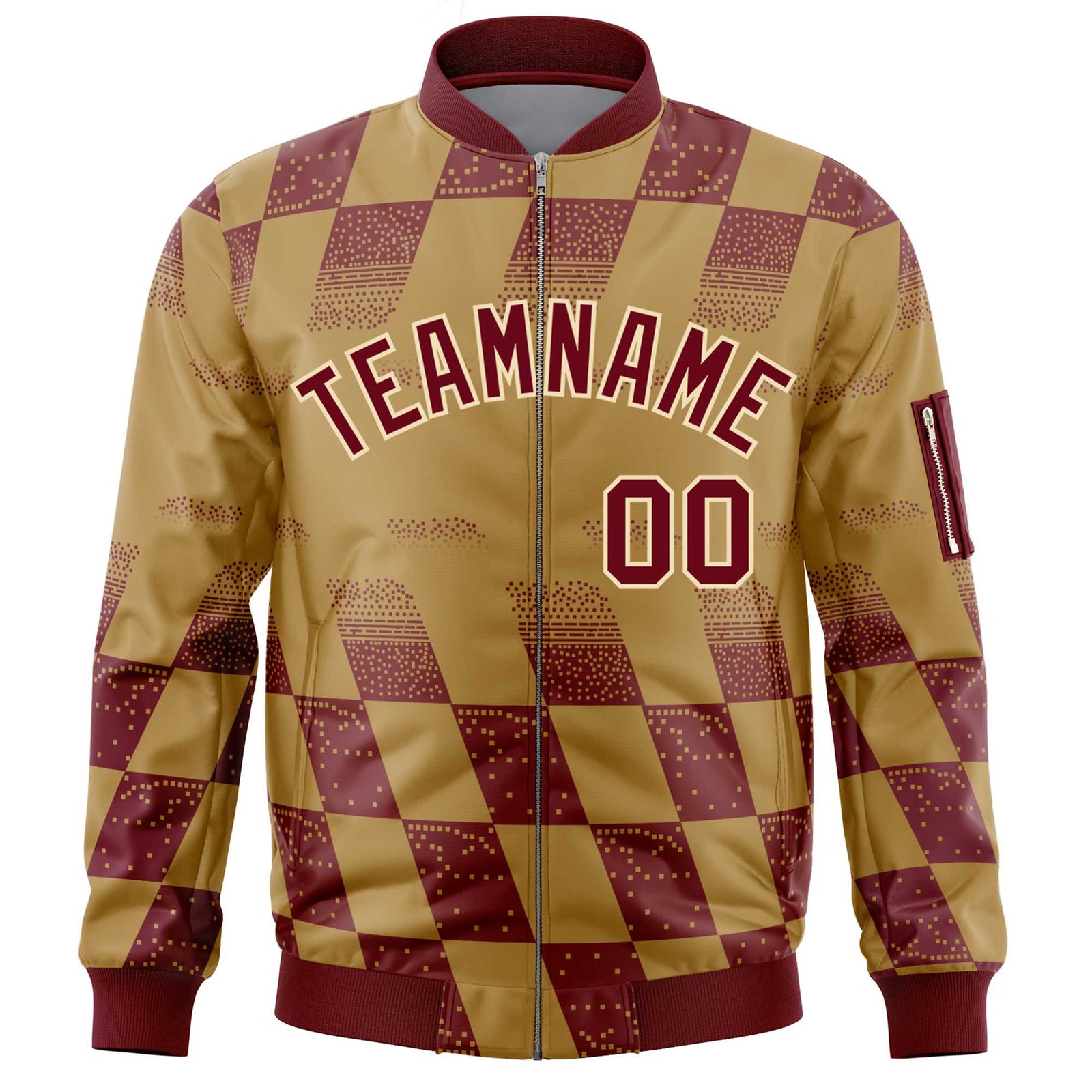 Custom Old Gold Crimson Grid Varsity Full-Zip Color Block Letterman Bomber Jacket