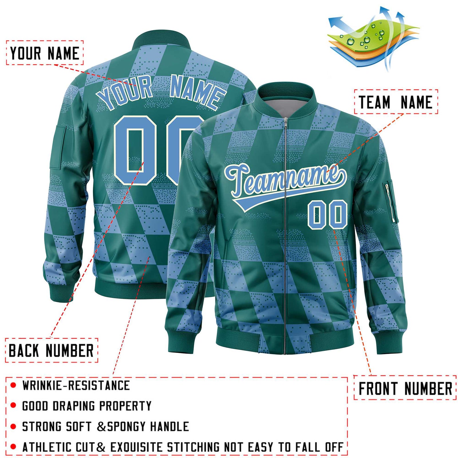Custom Aqua Lt Blue Grid Varsity Full-Zip Color Block Letterman Bomber Jacket