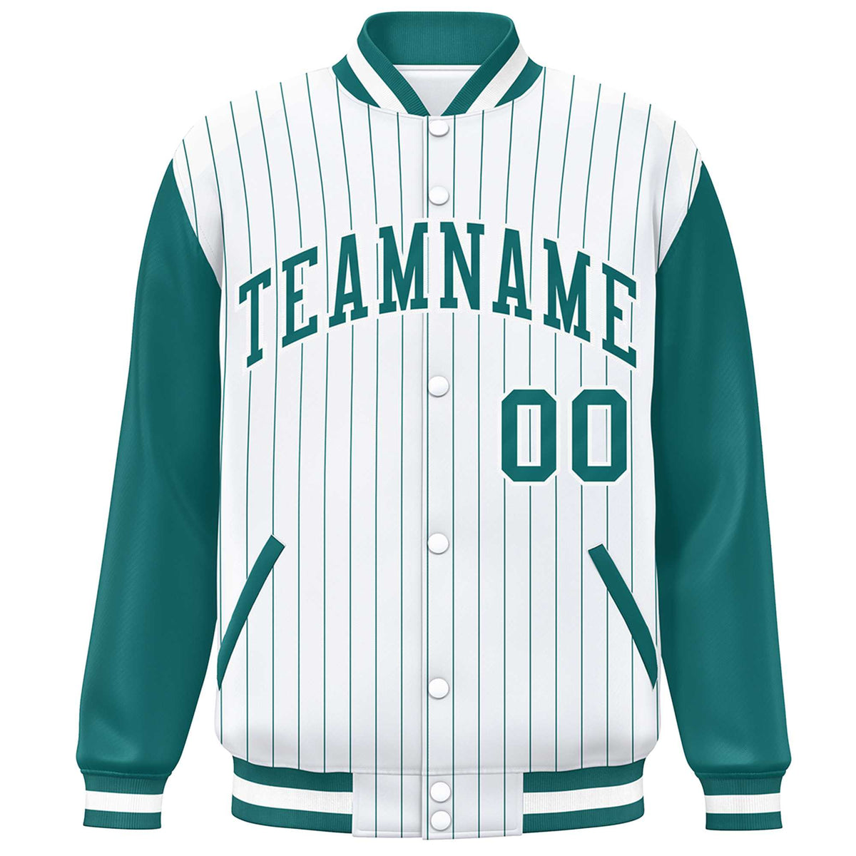 Custom White Aqua Stripe Fashion Bomber Varsity Jacket with Raglan Sleeves