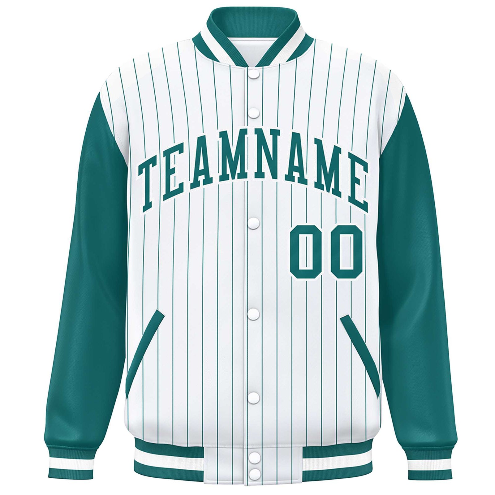 Custom White Aqua Stripe Fashion Bomber Varsity Jacket with Raglan Sleeves