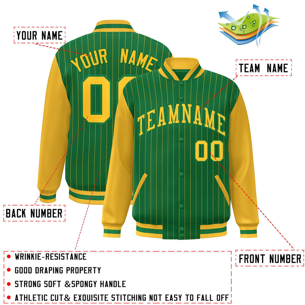 Custom Kelly Green Gold Stripe Fashion Bomber Varsity Jacket with Raglan Sleeves