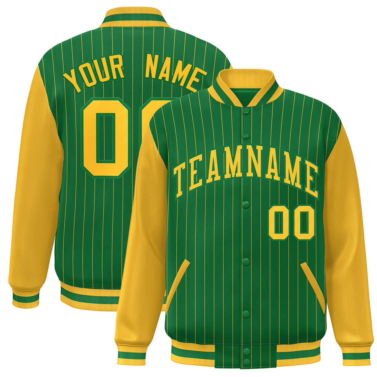 Custom Kelly Green Gold Stripe Fashion Bomber Varsity Jacket with Raglan Sleeves