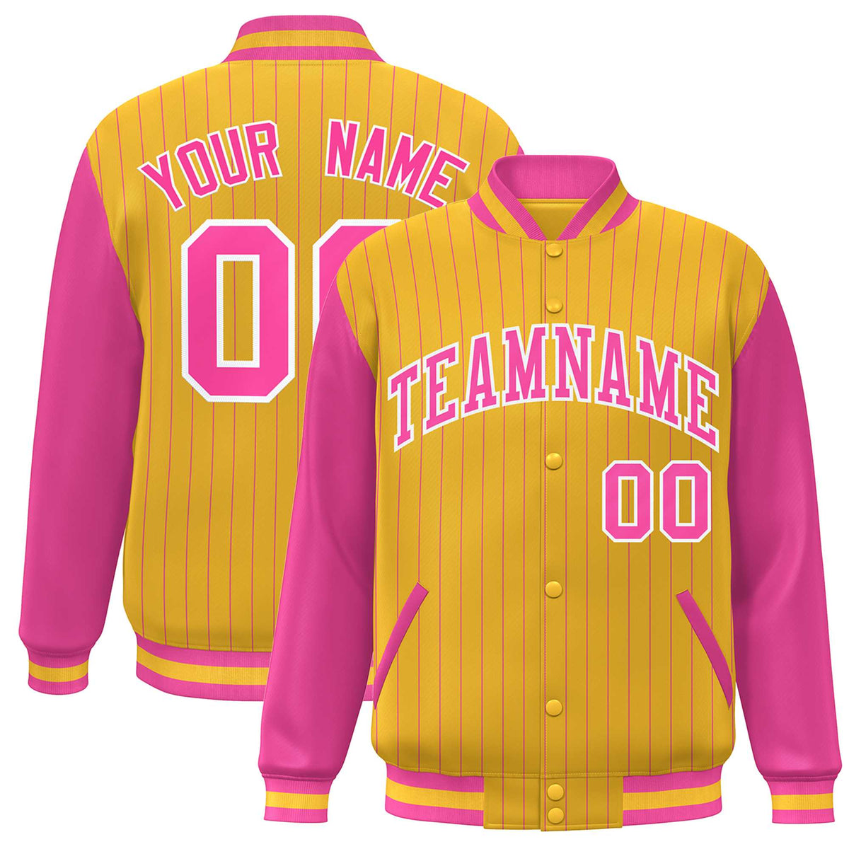 Custom Gold Pink-White Stripe Fashion Bomber Varsity Jacket with Raglan Sleeves