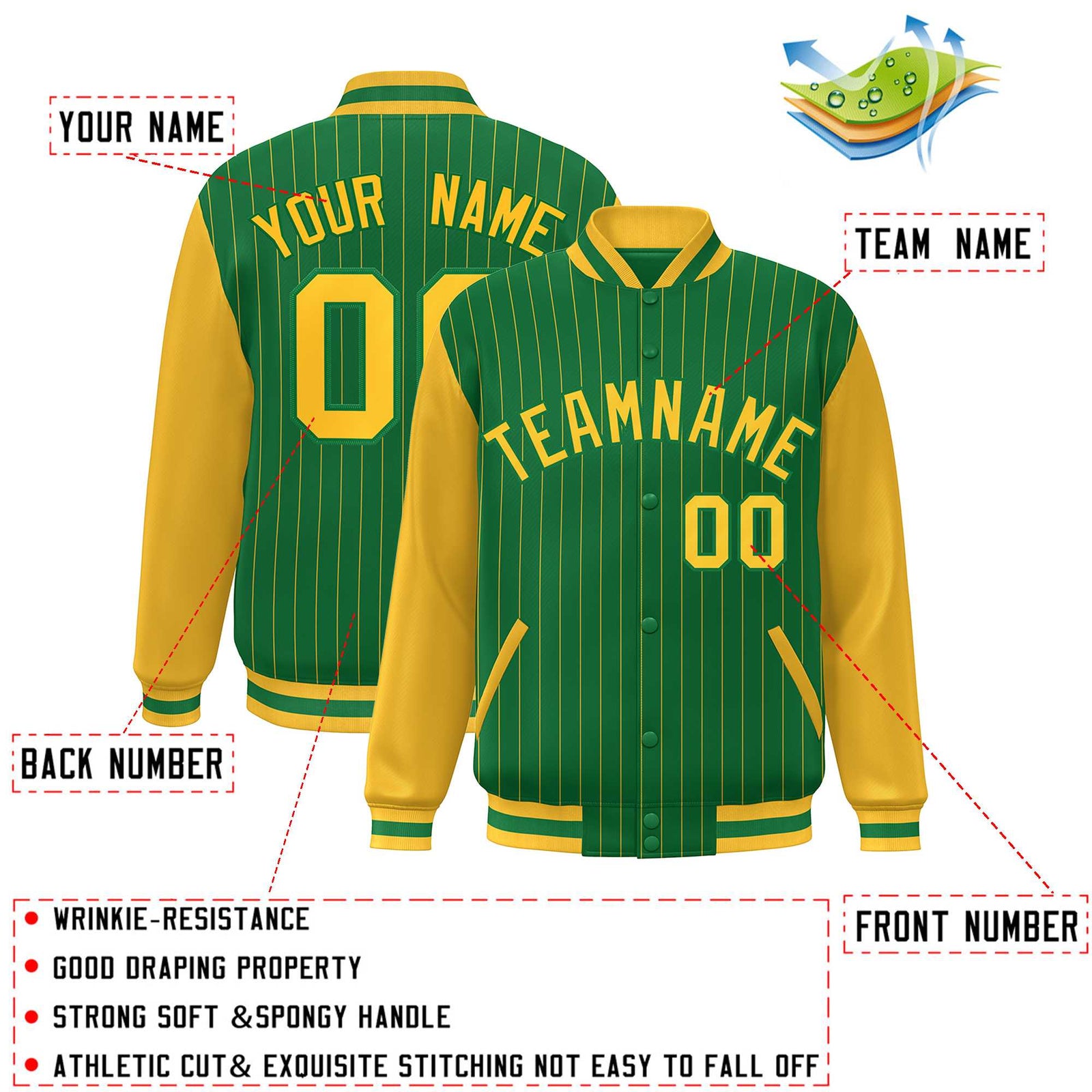 Custom Kelly Green Gold Stripe Fashion Bomber Varsity Jacket with Raglan Sleeves