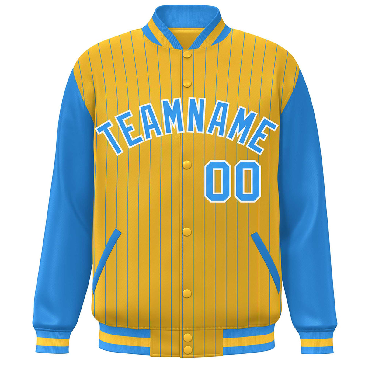 Custom Gold Powder Blue-White Stripe Fashion Bomber Varsity Jacket with Raglan Sleeves